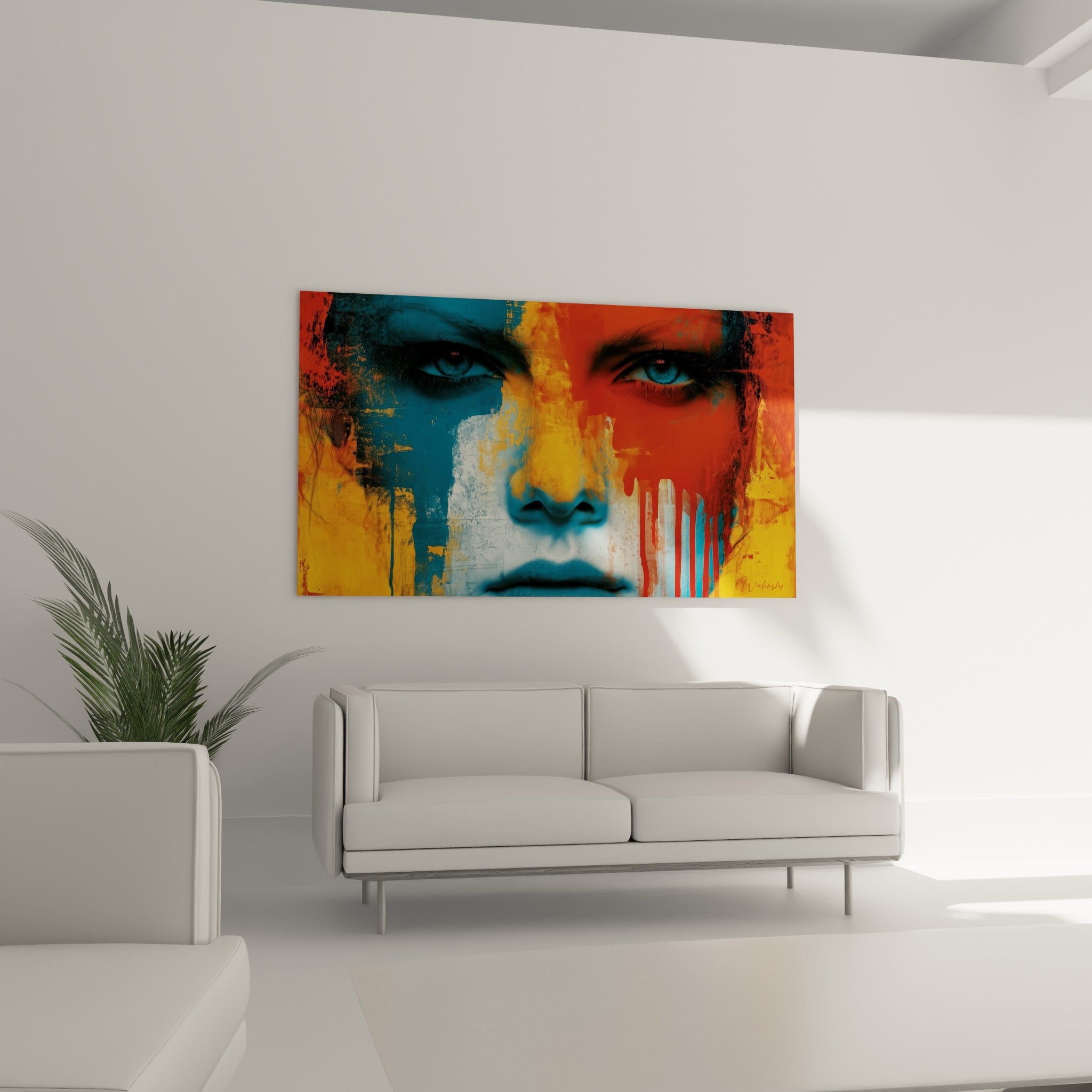 Regard intense divisé entre bleu anthracite et orange doré, texture picturale dense, au-dessus d'un canapé dans un salon lumineux