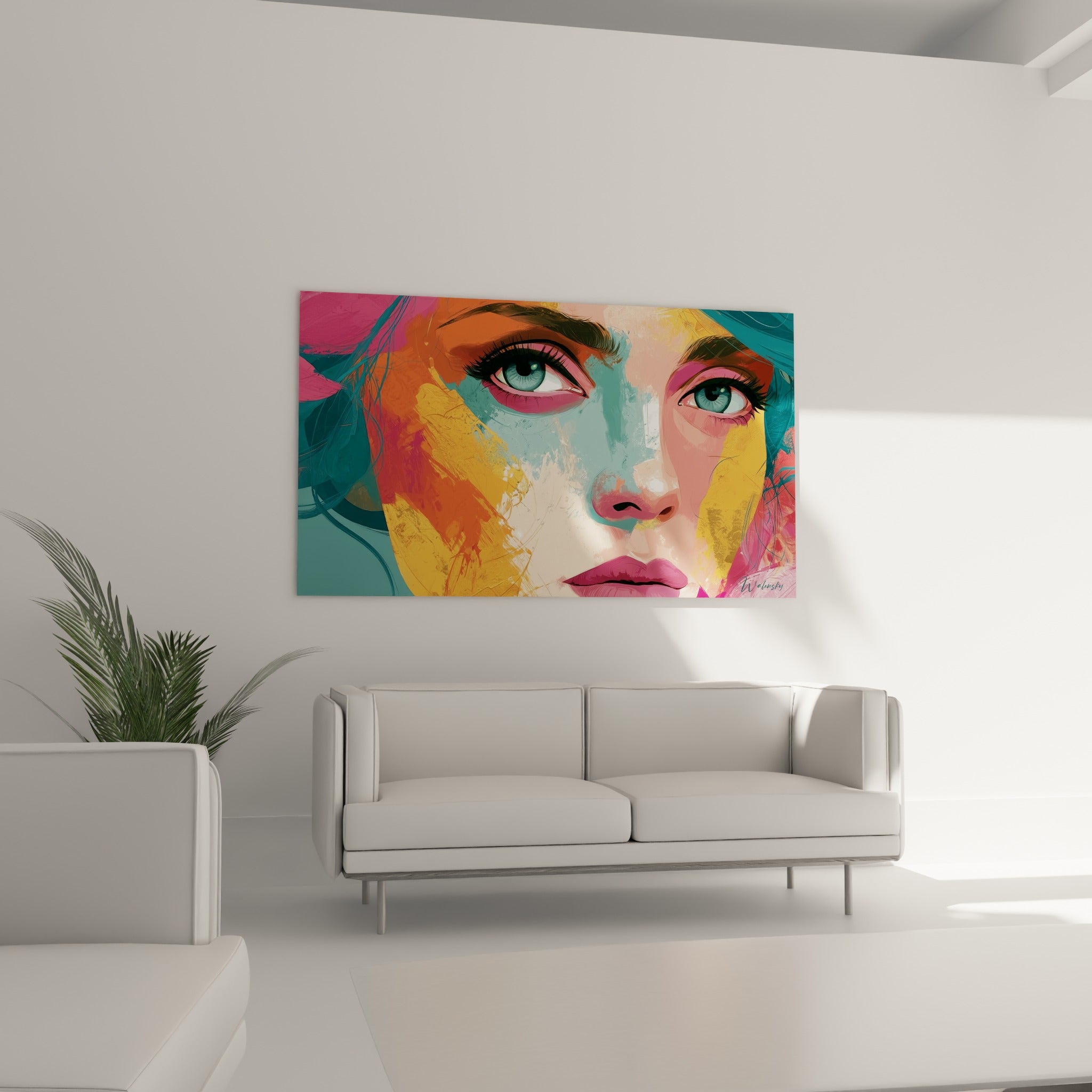 Regard bleu intense du Visage abstrait, teintes orangées et roses, au-dessus d'un canapé dans un salon lumineux