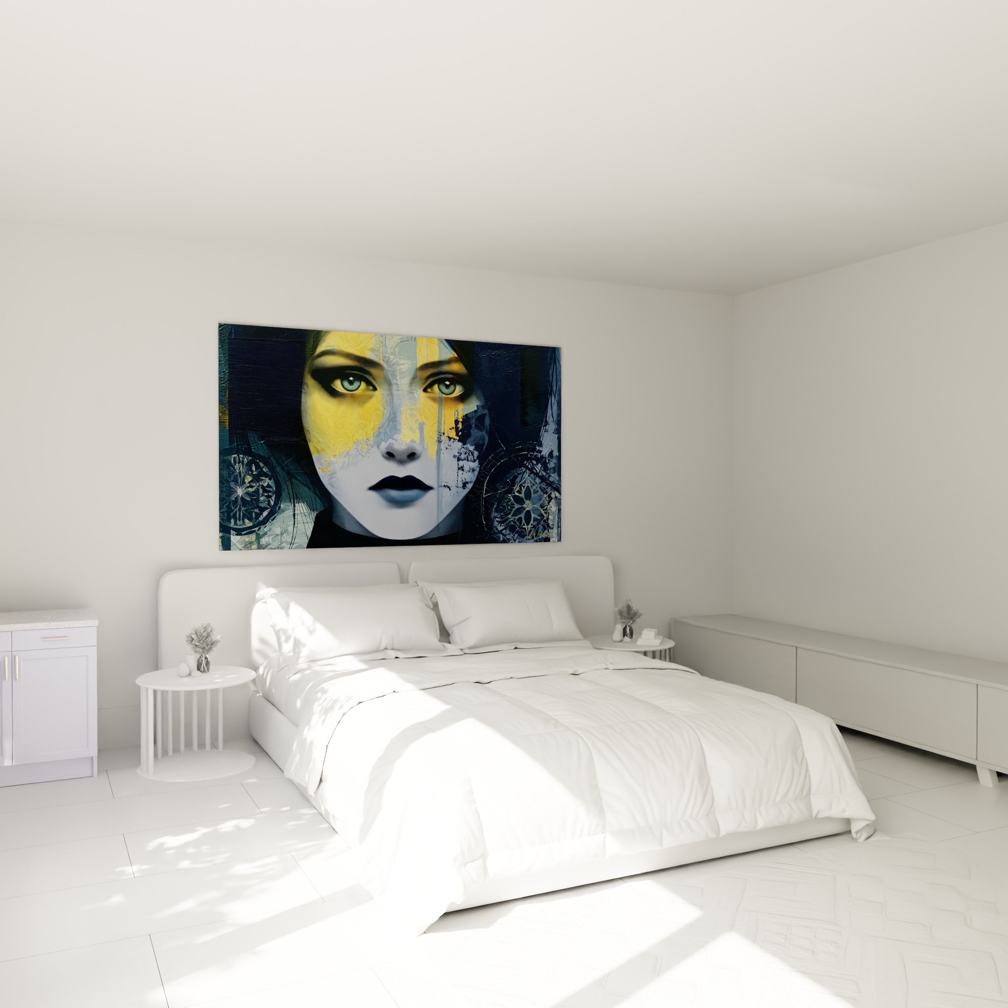 Portrait bicolore jaune ocre et anthracite du Visage abstrait, accroché au-dessus d'un lit dans une chambre claire
