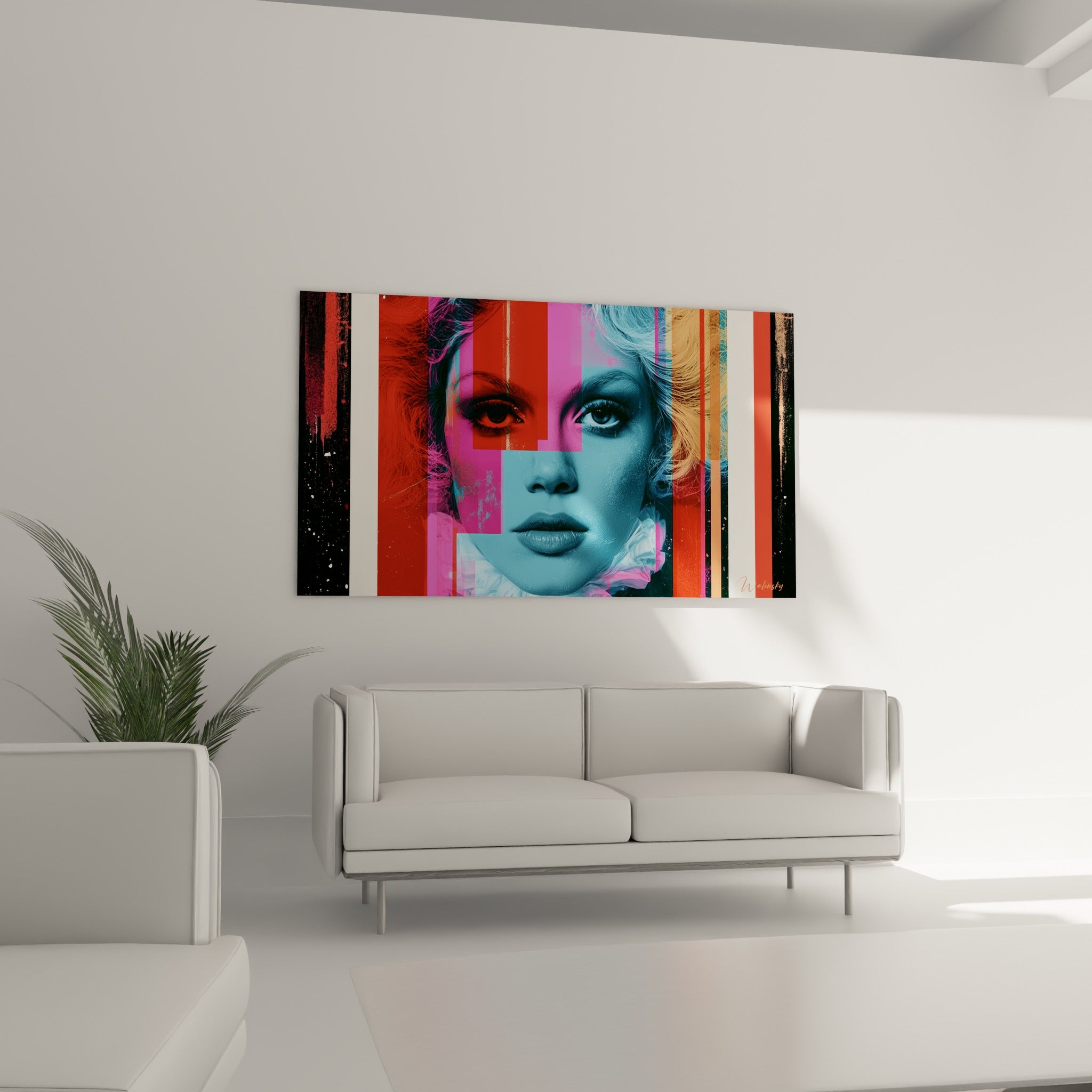 Regard perçant du visage abstrait entre bleu glacé et fuchsia, au-dessus d'un canapé dans un salon lumineux