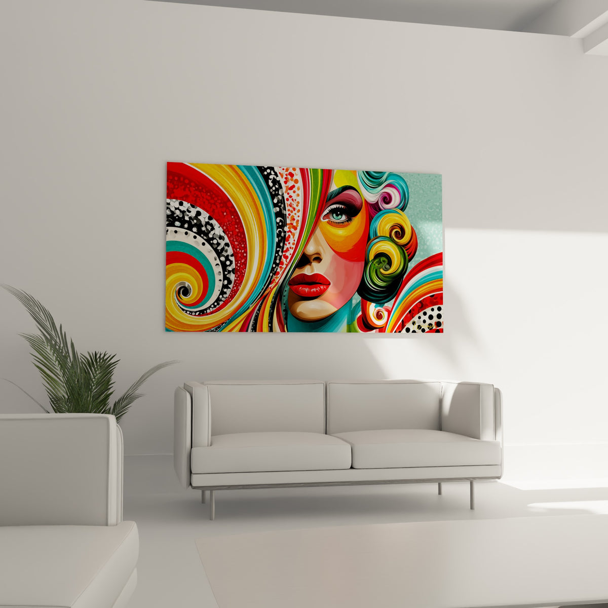 Femme stylisée aux tons dorés et rouges, motifs en spirale colorés, au-dessus d'un canapé dans un salon lumineux