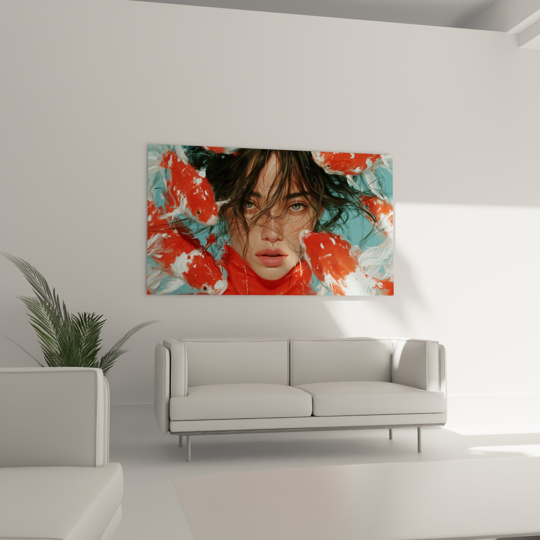 Portrait immergé aux carpes koï écarlates, tableau visage abstrait au-dessus d'un canapé dans un salon lumineux