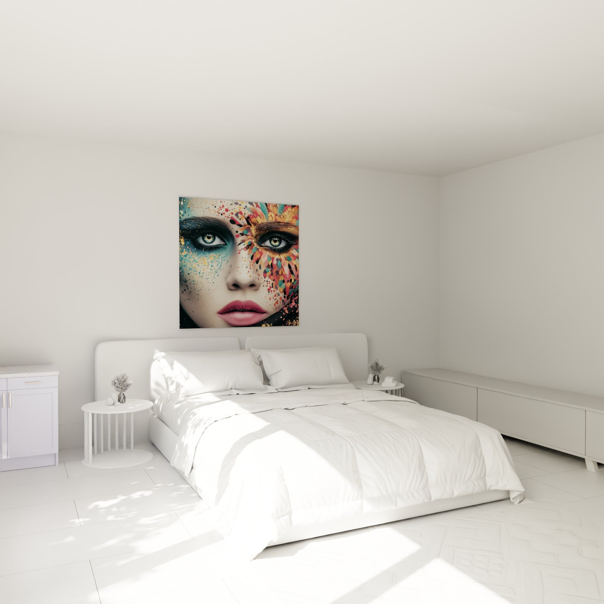 Regard intense entouré de couleurs corail et turquoise, accroché au-dessus d'un lit dans une chambre claire