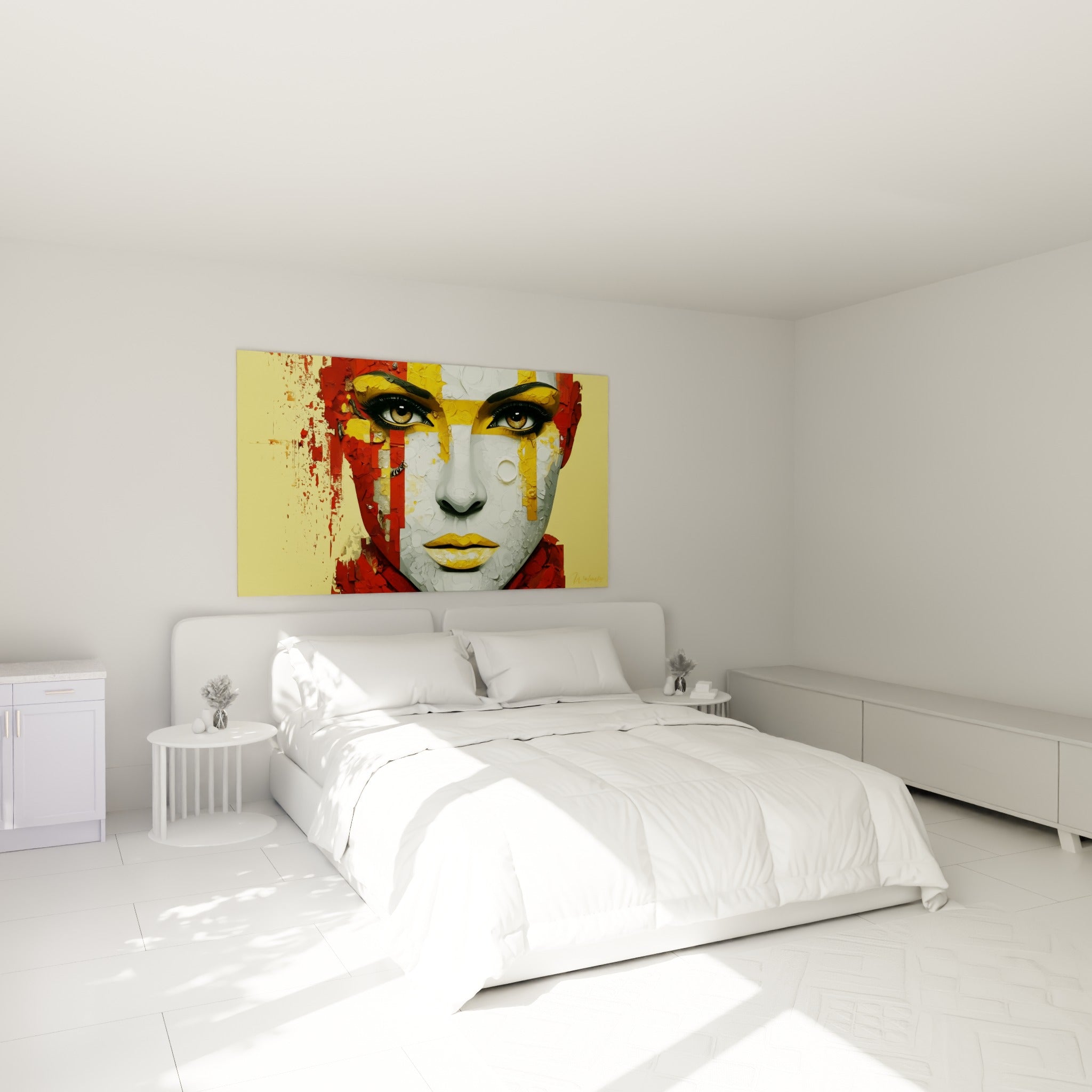 Portrait doré et rouge au regard perçant, accroché au-dessus d'un lit dans une chambre claire