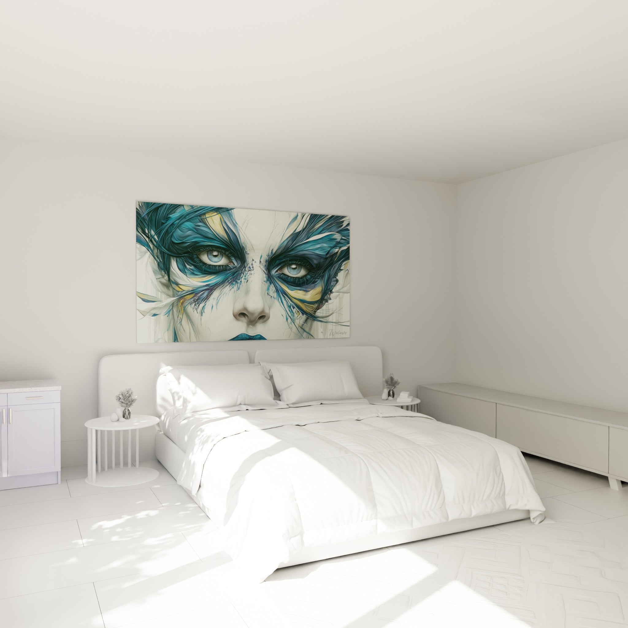 Regard bleu perçant du visage abstrait aux plumes dorées, au-dessus d'un lit dans une chambre claire
