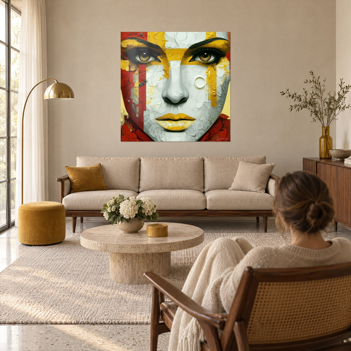 Cuadro retrato pintado en pasta gruesa, ojos ámbar, franjas amarillo mostaza y rojo ladrillo, sobre un sofá en un salón luminoso
