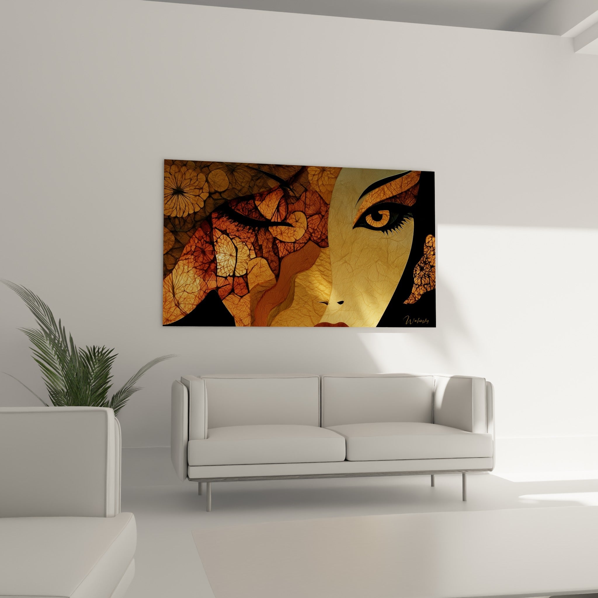 Visage fusionné à des fleurs ocre et brunes, œil intense doré, au-dessus d'un canapé dans un salon lumineux