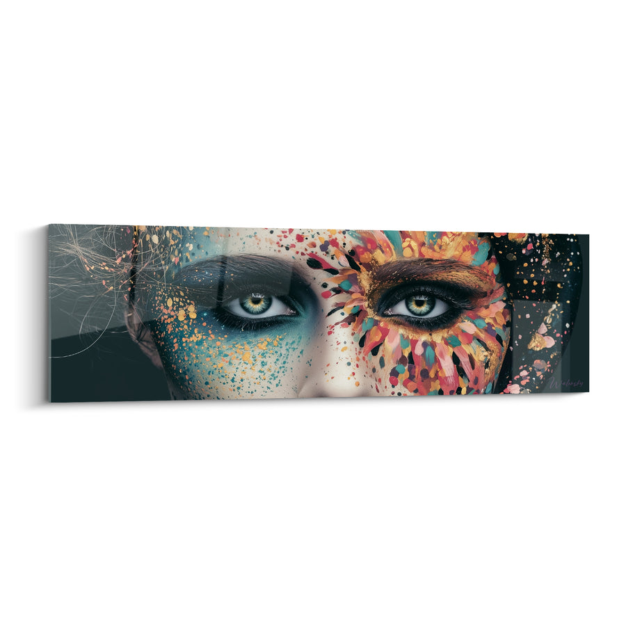 Tableau Visage turquoise et corail aux éclaboussures denses - Yeux clairs perçants - Edition Visage abstrait