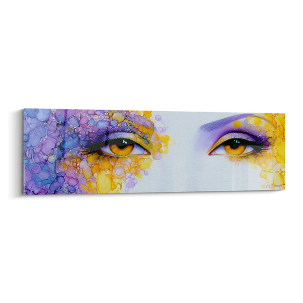 Tableau Regard violet et doré aux bulles d'encre - Yeux ambrés perçants - Edition Visage abstrait