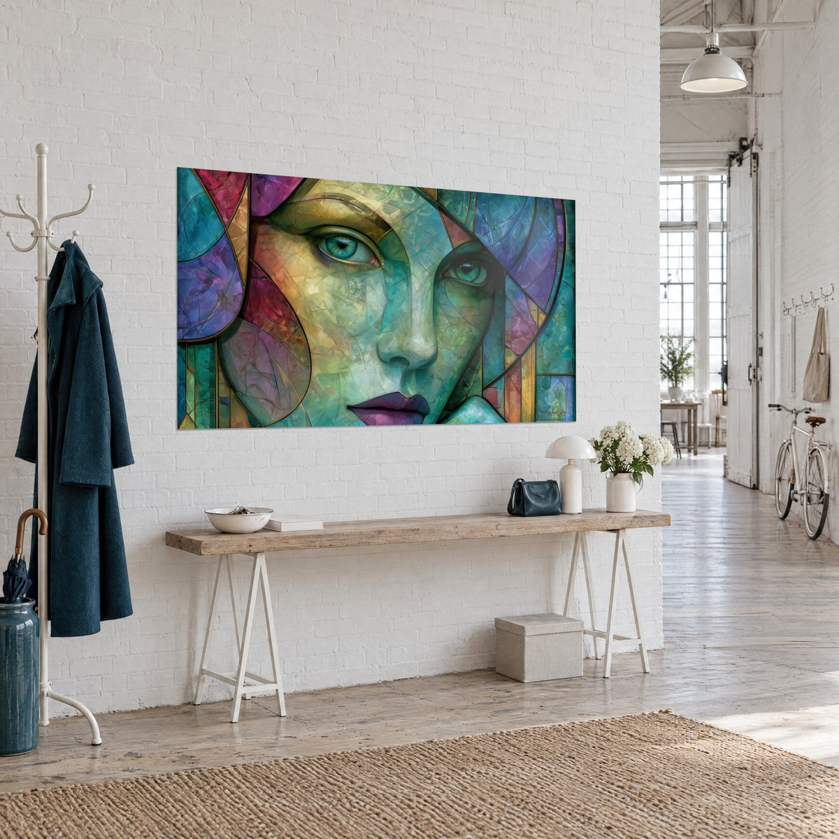 Quadro ritratto frammentato in schegge di vetro turchese, ocra e viola, sguardo limpido, visto di tre quarti su parete bianca di loft
