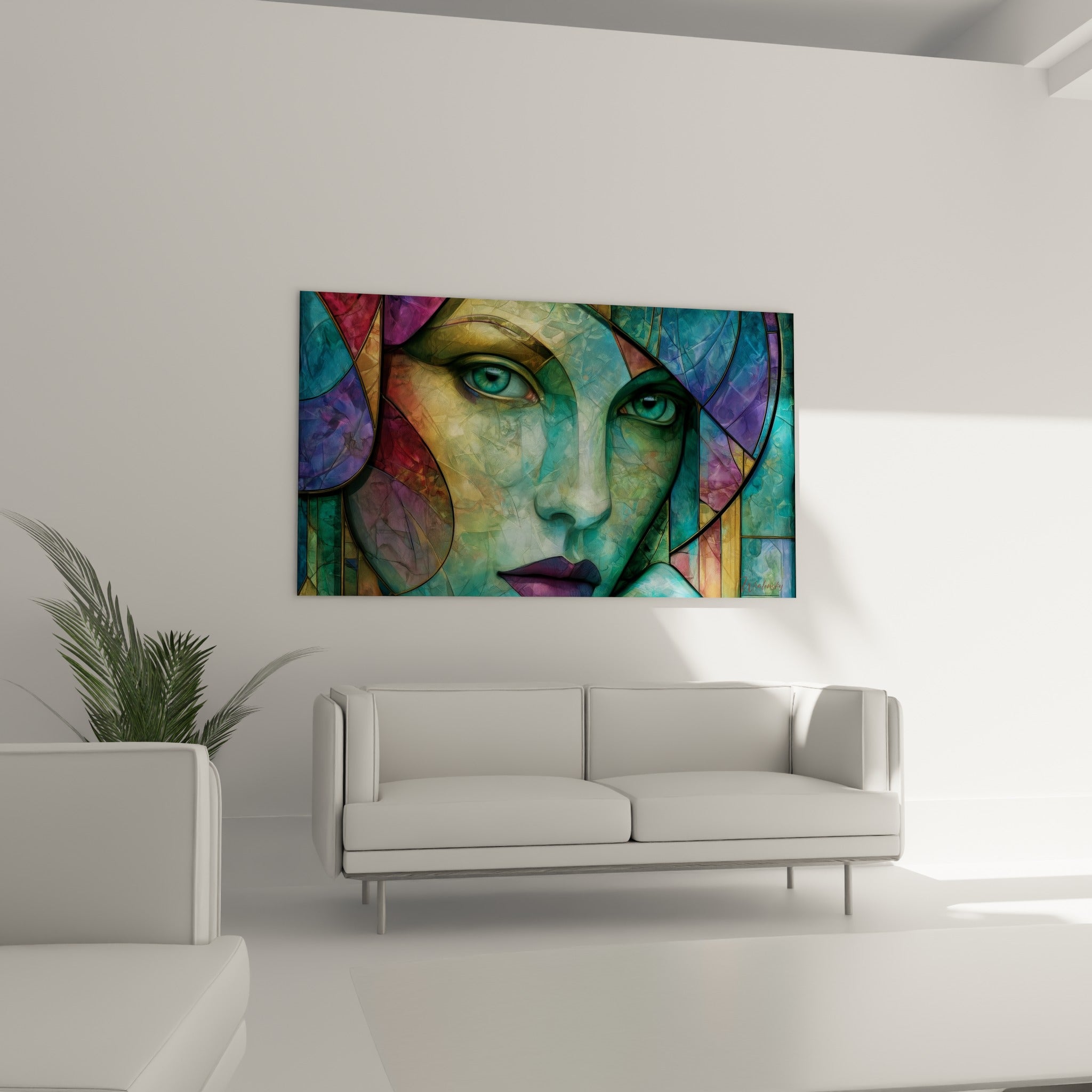 Regard vert perçant du Visage abstrait aux teintes ocre et bleu marine, au-dessus d'un canapé dans un salon lumineux