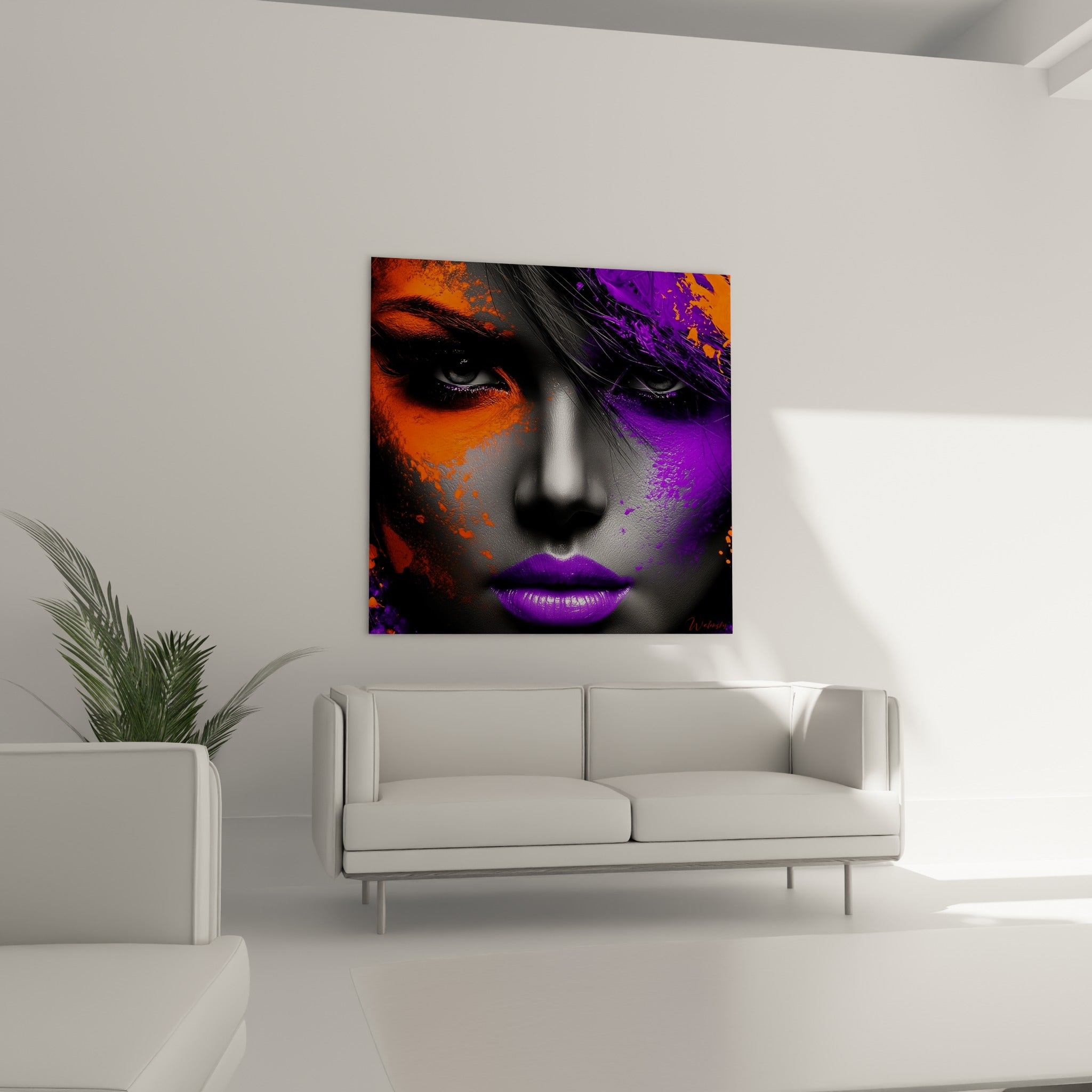 Regard abstrait partagé entre orange fauve et violet sombre, suspendu au-dessus d'un canapé dans un salon lumineux