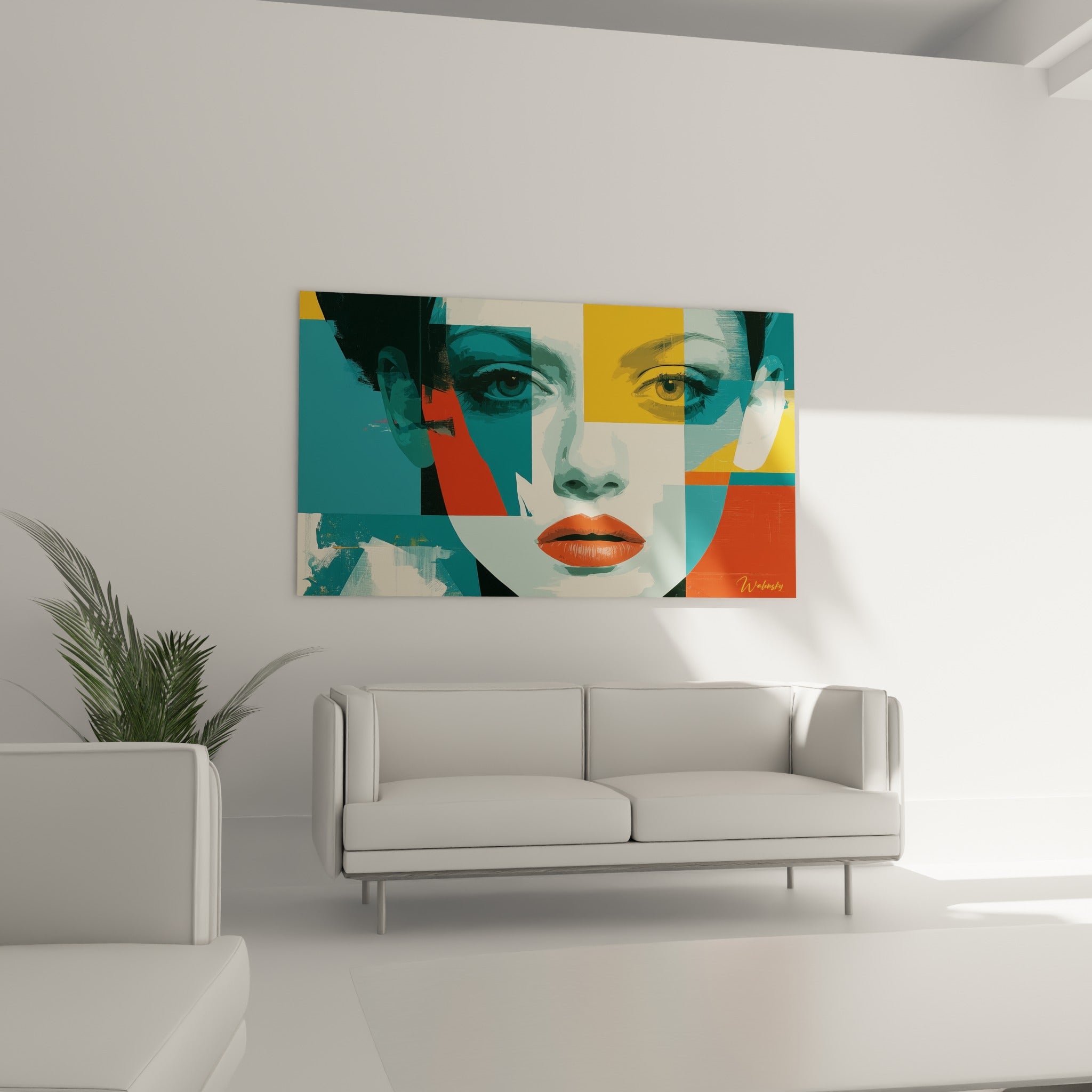 Regard intense d'un visage abstrait bleu sarcelle et jaune moutarde, au-dessus d'un canapé dans un salon lumineux