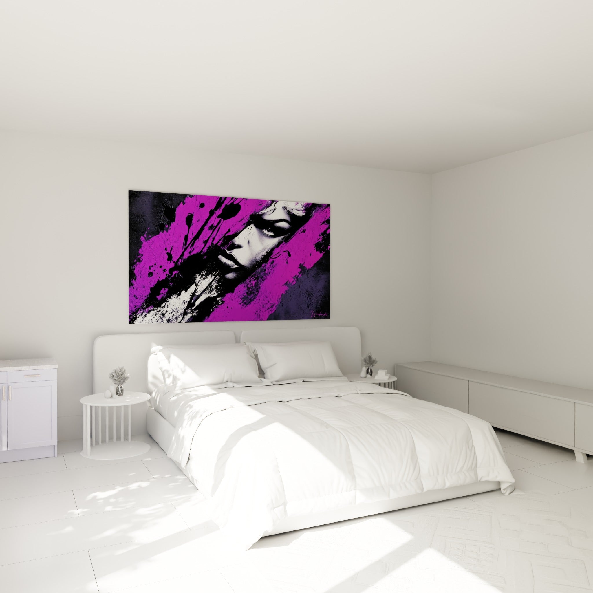 Regard perçant du Visage abstrait magenta et anthracite, accroché au-dessus d'un lit dans une chambre claire