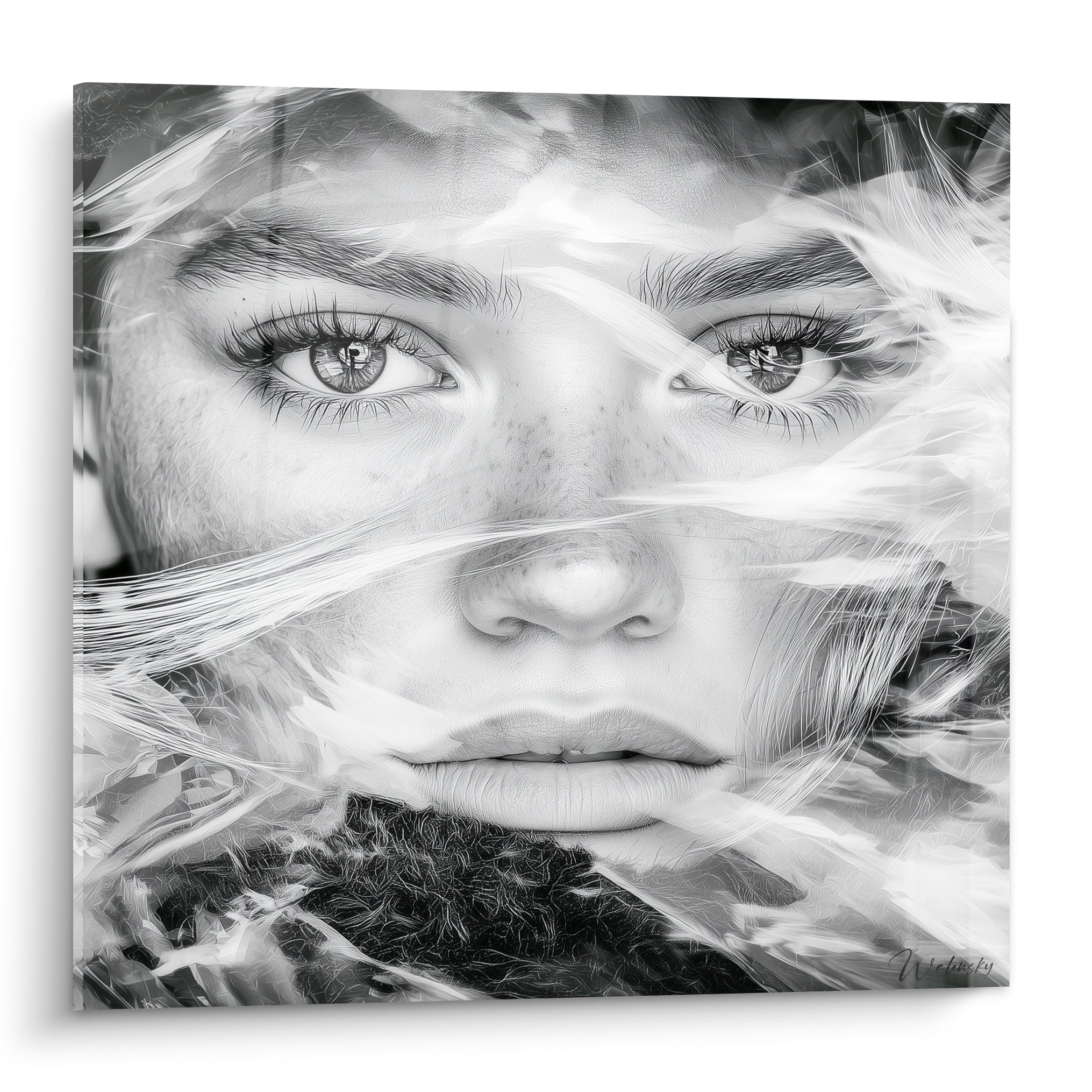 Visage abstrait noir et blanc au regard intense, mèches blanches givrées traversant les yeux clairs