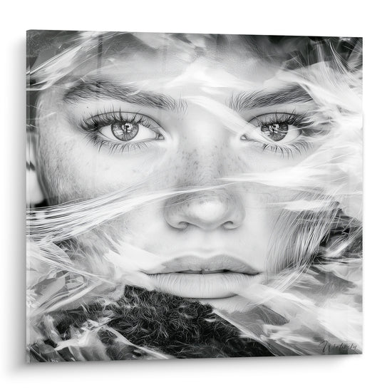 Visage abstrait noir et blanc au regard intense, mèches blanches givrées traversant les yeux clairs
