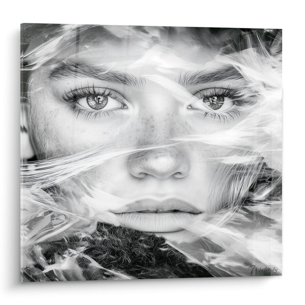Tableau Visage noir et blanc traversé de mèches givrées - Regard sous le givre - Edition Visage abstrait