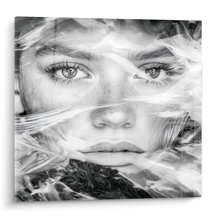 Tableau Visage noir et blanc traversé de mèches givrées - Regard sous le givre - Edition Visage abstrait