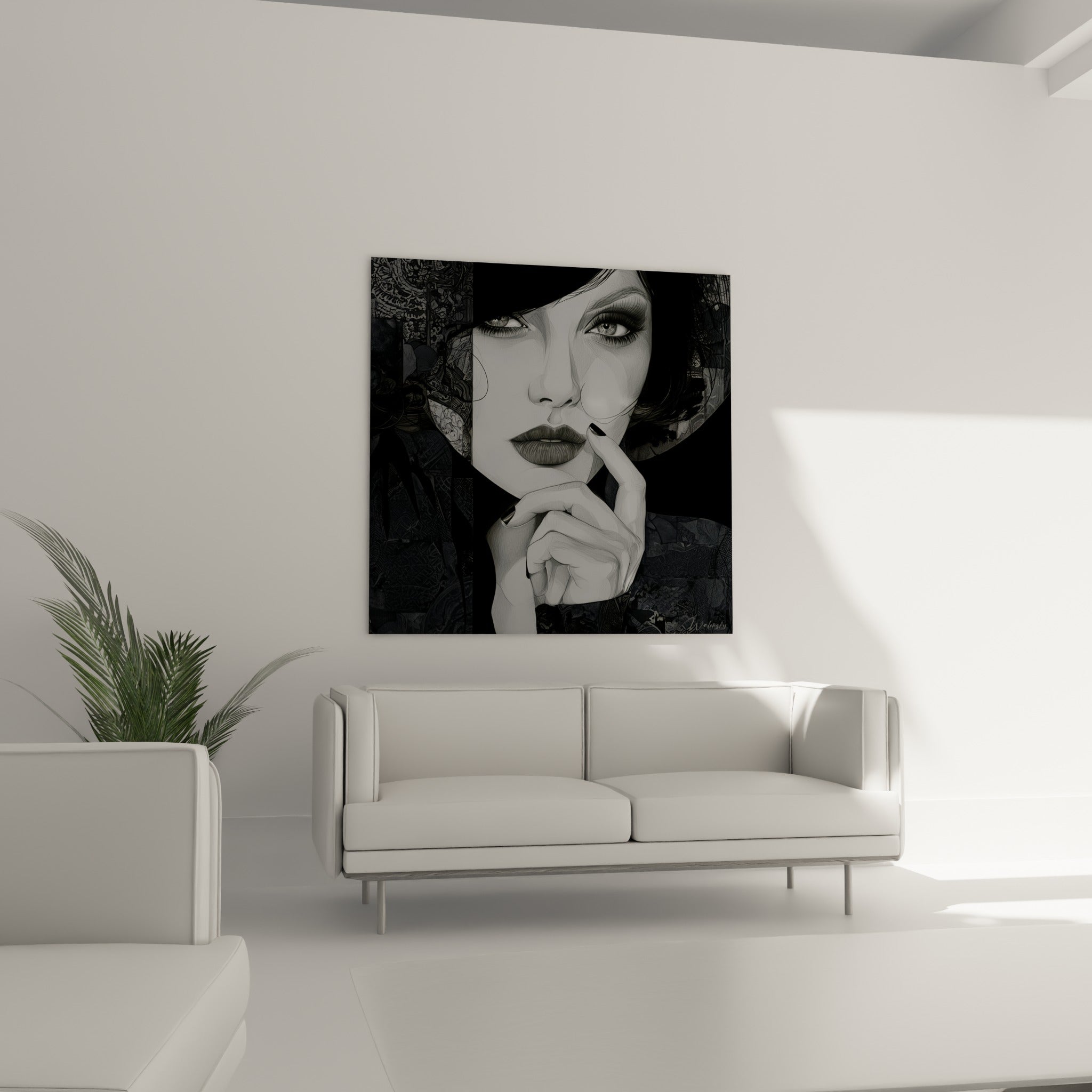 Visage abstrait en noir profond et blanc lumineux, regard intense sous un chapeau, au-dessus d'un canapé dans un salon lumineux