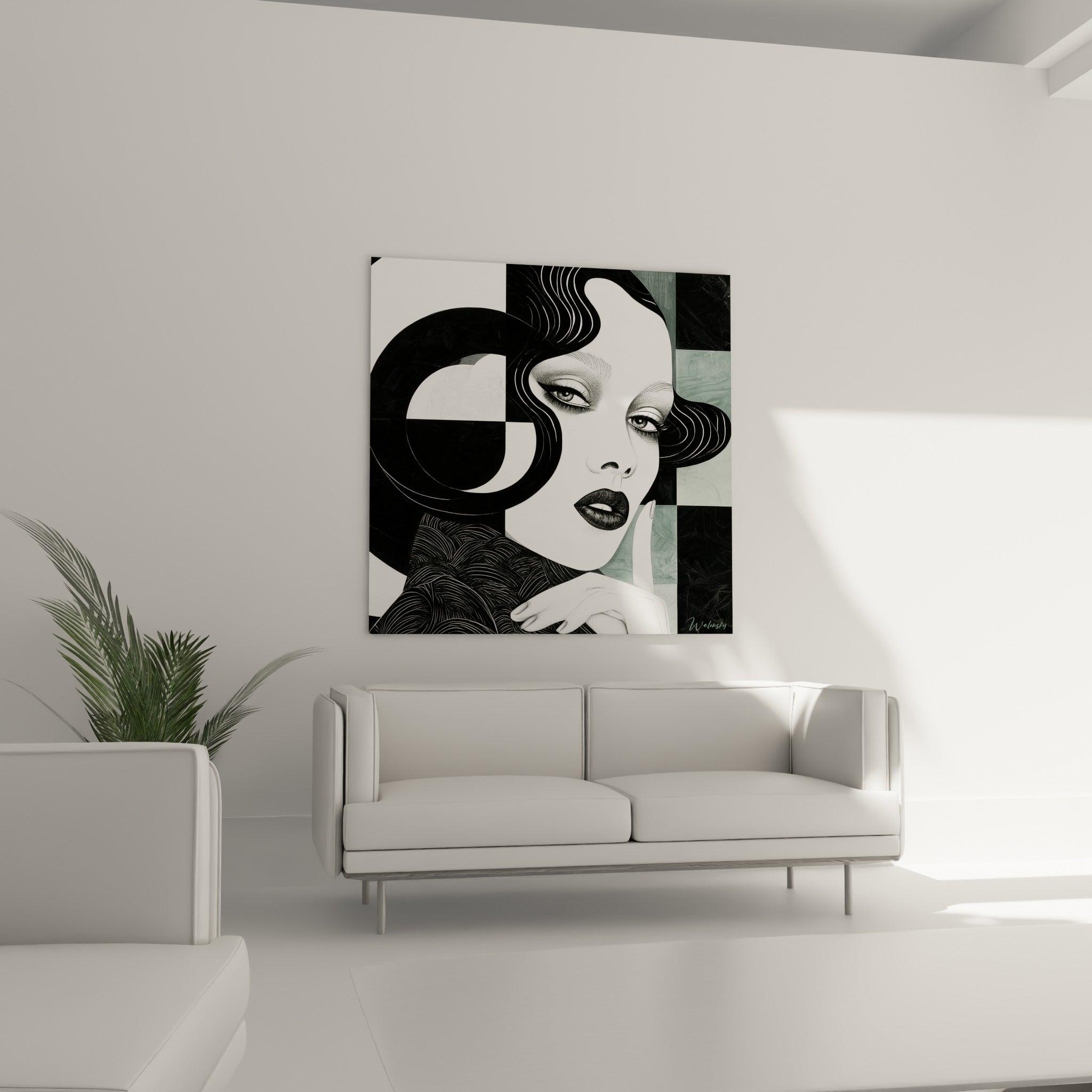 Regard intense du visage abstrait entouré de noir et vert sauge au-dessus d'un canapé dans un salon lumineux