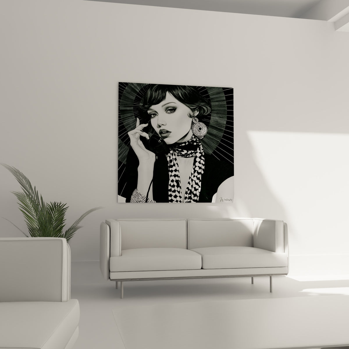 Femme au regard intense du visage abstrait, foulard graphique noir et anthracite, au-dessus d'un canapé dans un salon lumineux
