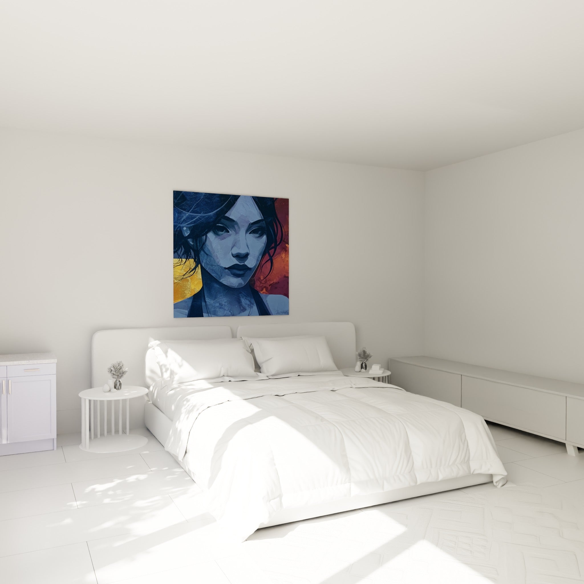 Portrait au regard intense en bleu marine et doré, accroché au-dessus d'un lit dans une chambre claire