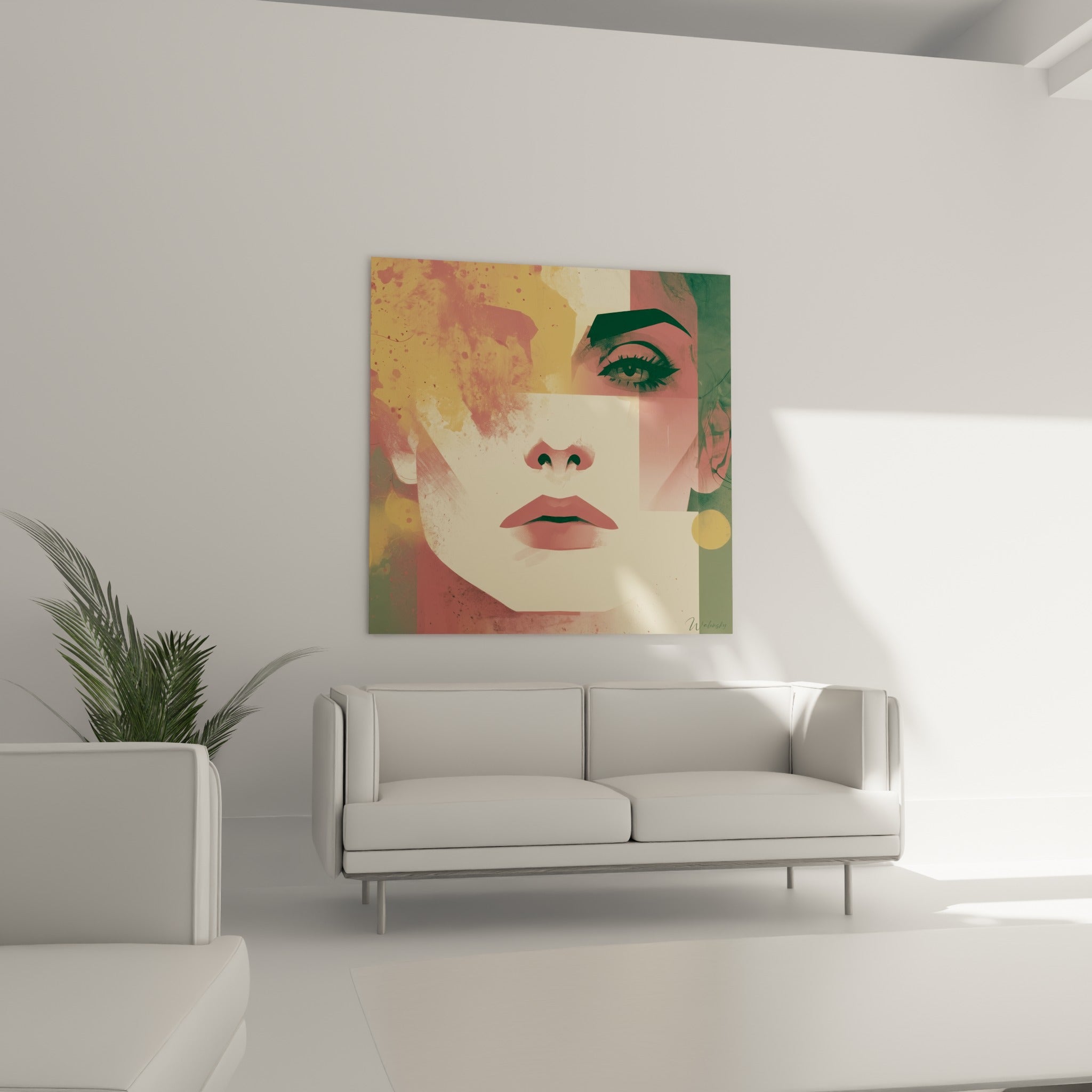 Regard vert profond sur fond rose poudré, tableau visage abstrait au-dessus d'un canapé dans un salon lumineux