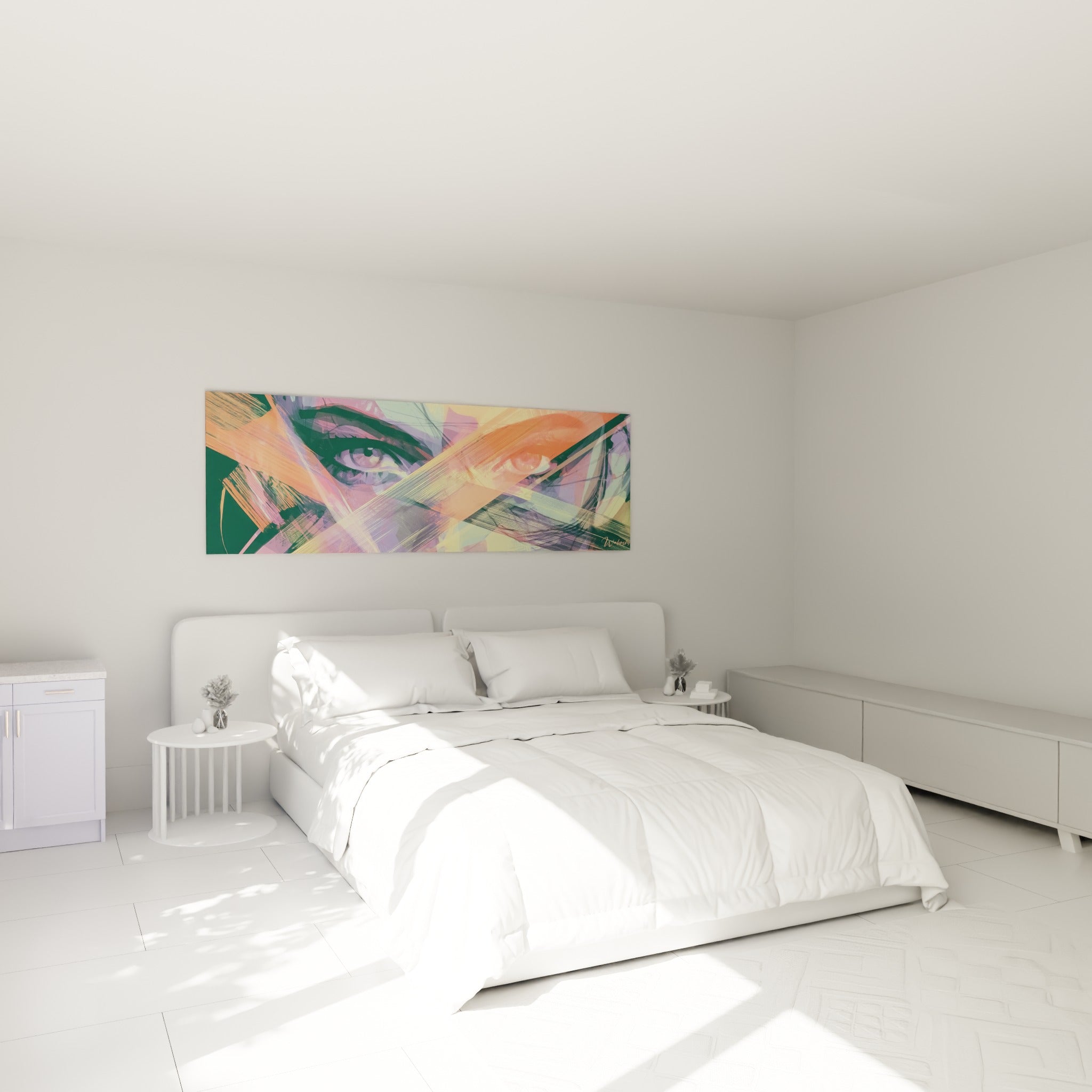 Yeux perçants entre vert émeraude et orange traversant le visage abstrait, au-dessus d'un lit dans une chambre claire