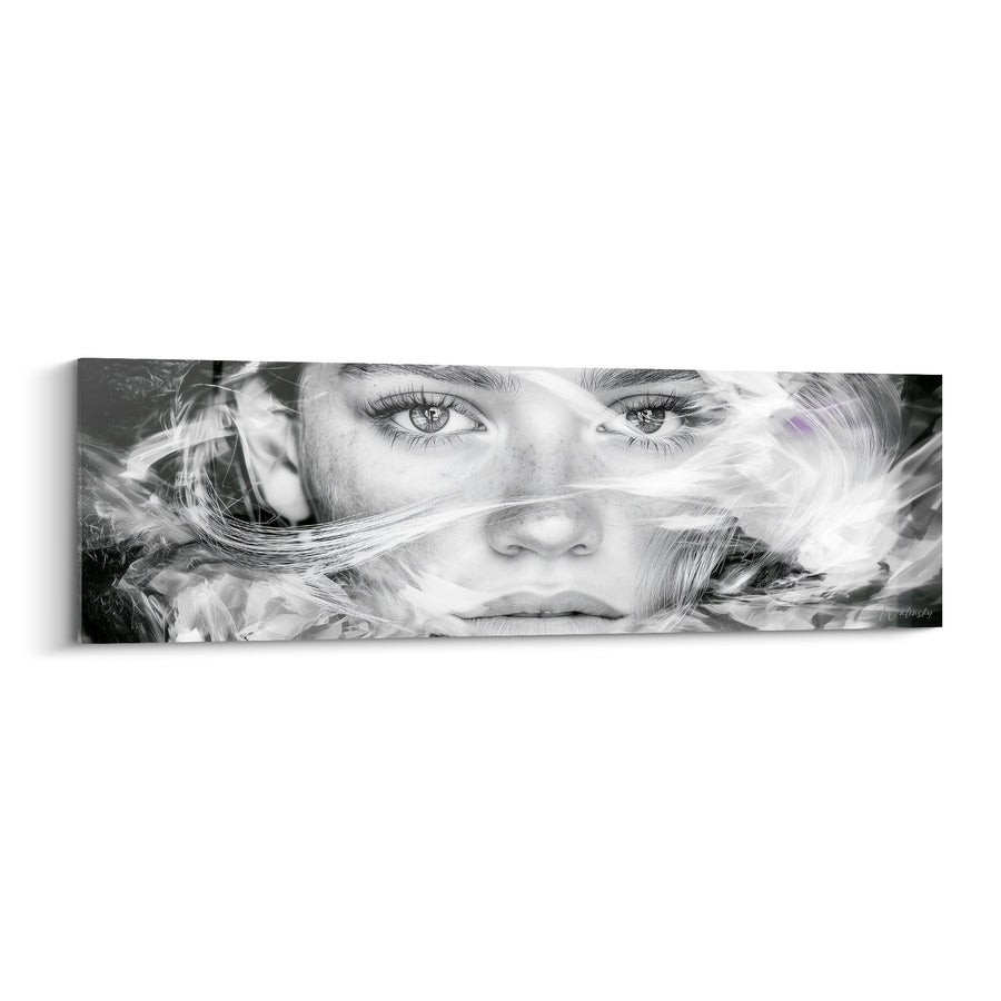 Tableau Visage noir et blanc aux mèches tourbillonnantes - Regard aux yeux clairs - Edition Visage abstrait
