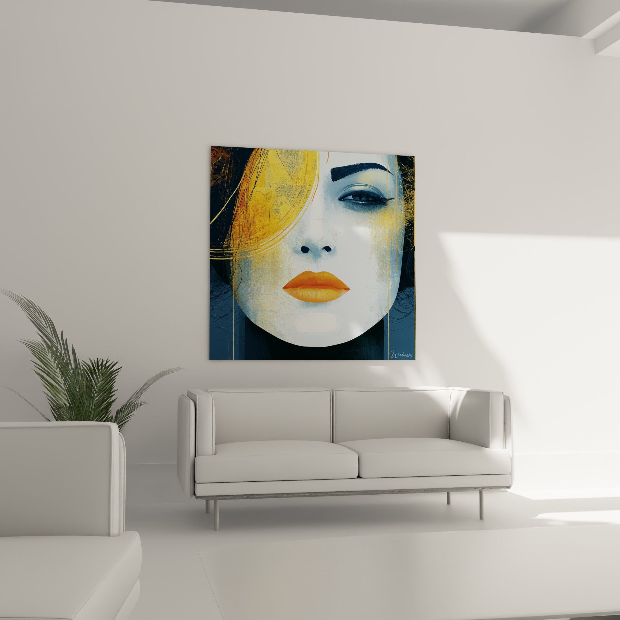 Visage stylisé bleu et ocre aux lèvres orangées vives, au-dessus d'un canapé dans un salon lumineux