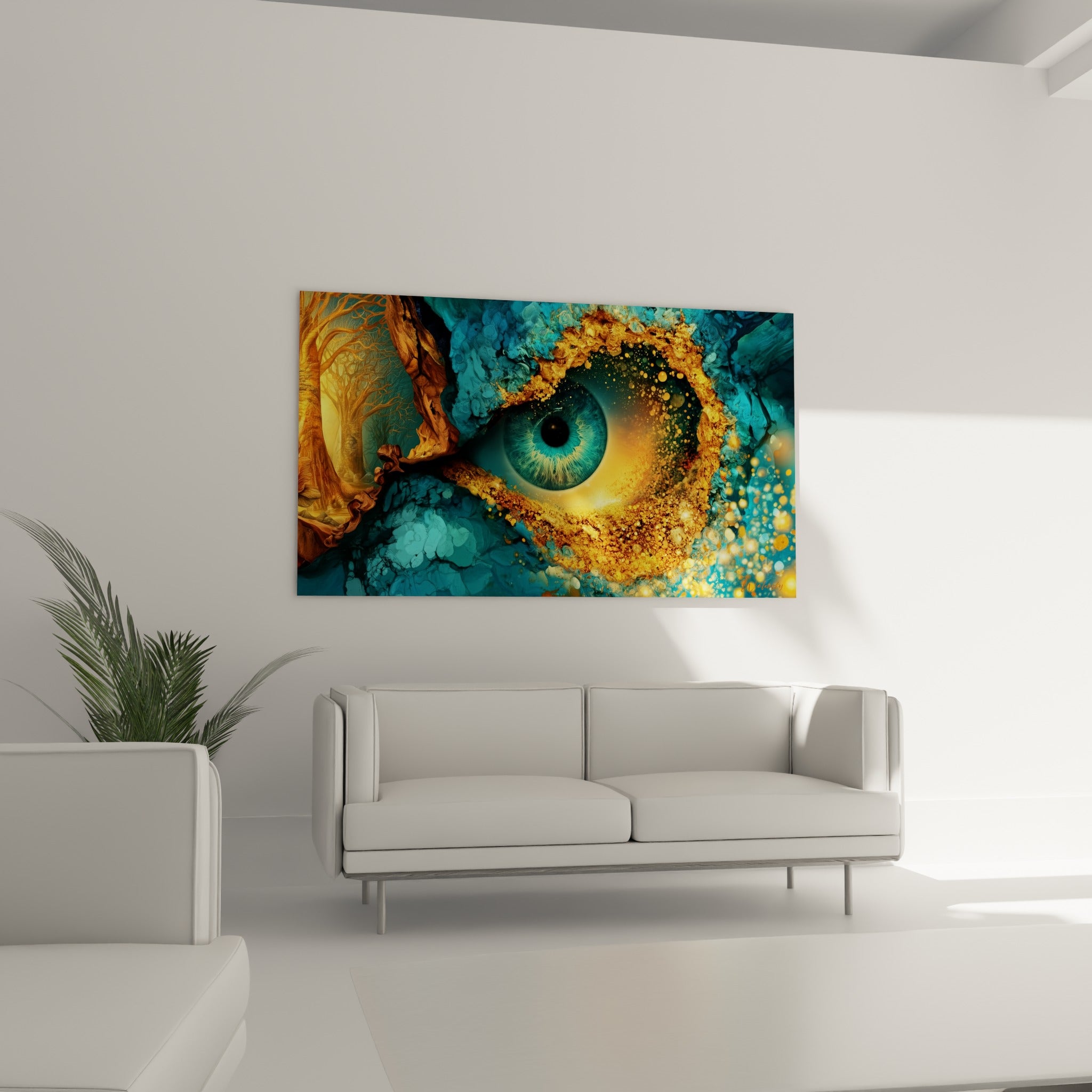 Visage abstrait doré et turquoise à l'œil hypnotique, accroché au-dessus d'un canapé dans un salon lumineux