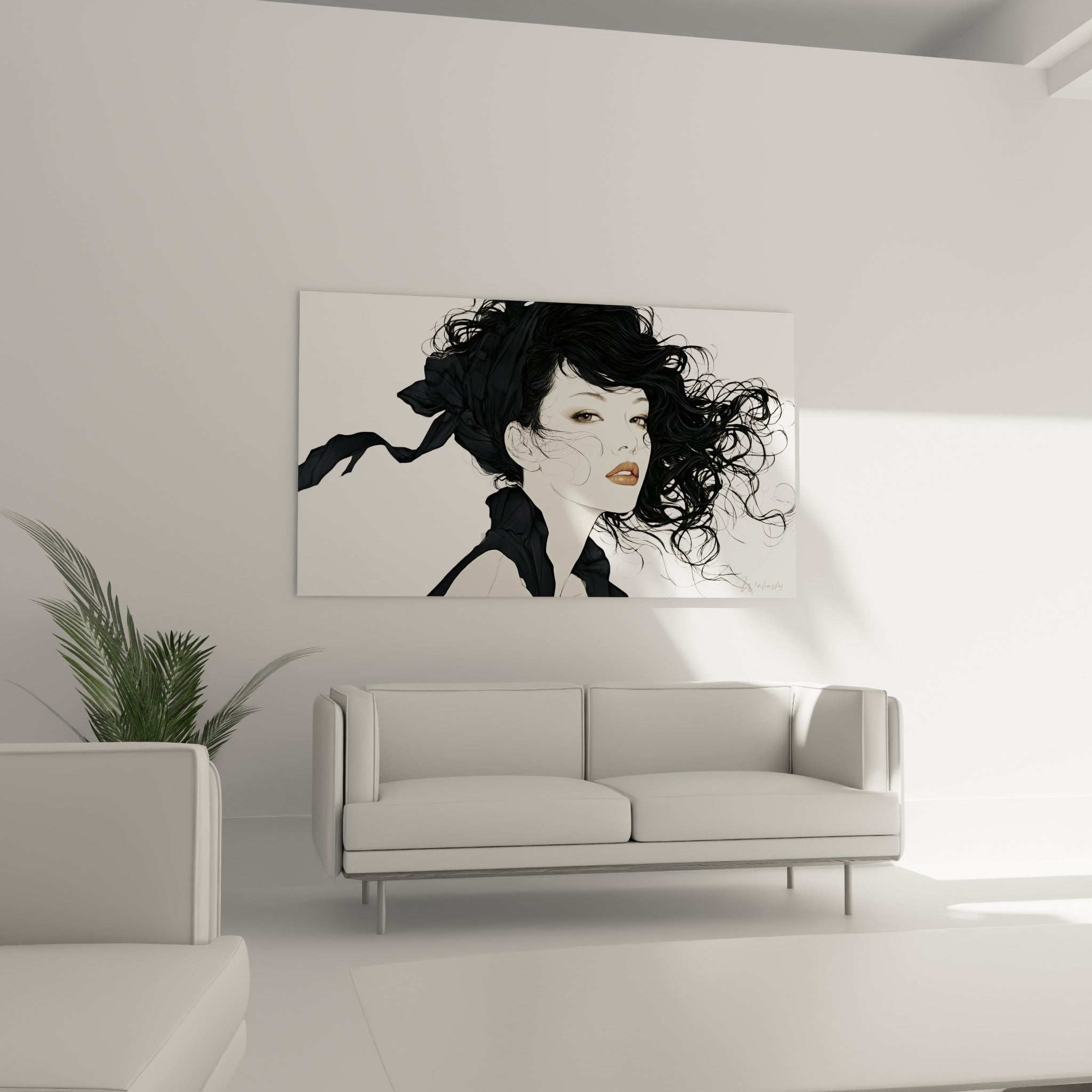 Portrait ivoire et noir du visage abstrait à l'écharpe soufflée, au-dessus d'un canapé dans un salon lumineux