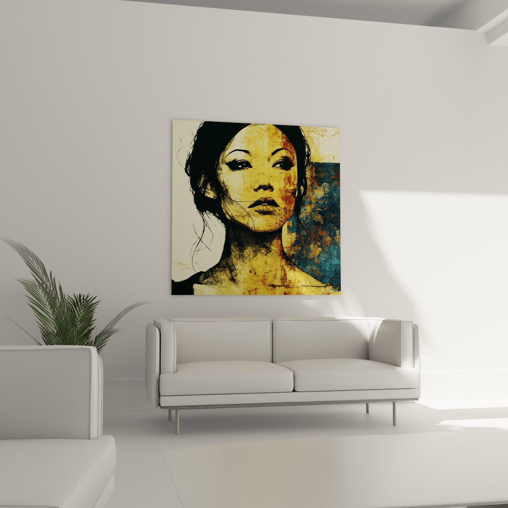 Femme au visage abstrait ocre et noir, œuvre suspendue au-dessus d'un canapé dans un salon lumineux