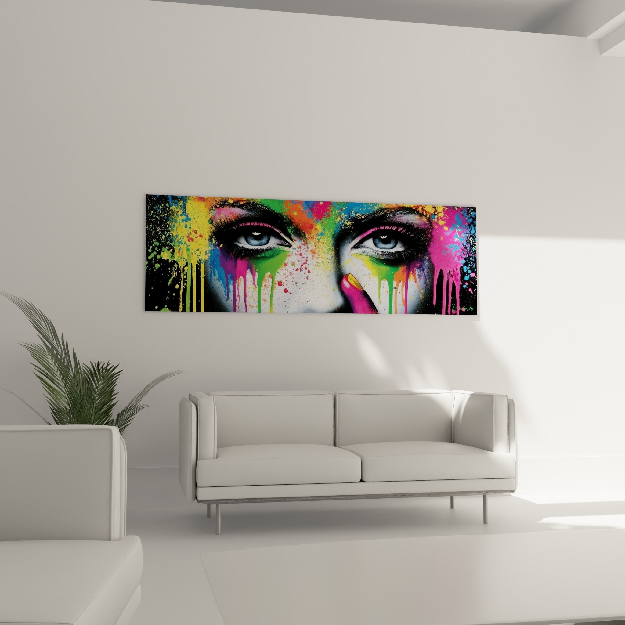 Regard bleu profond du visage abstrait cerné de noir et rose, au-dessus d'un canapé dans un salon lumineux.