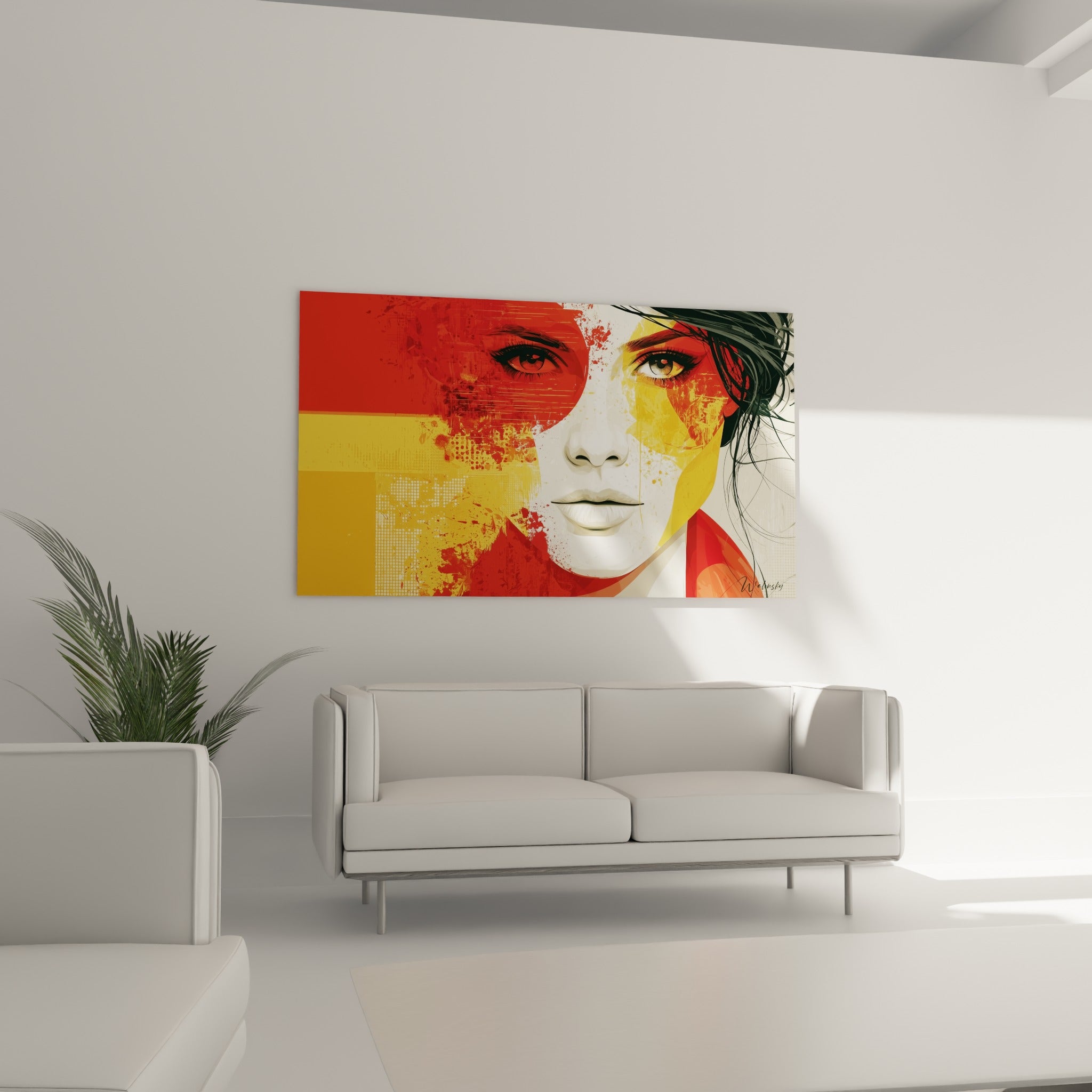 Regard perçant entre rouge écarlate et jaune ocre, traits blancs sculptés, au-dessus d'un canapé dans un salon lumineux