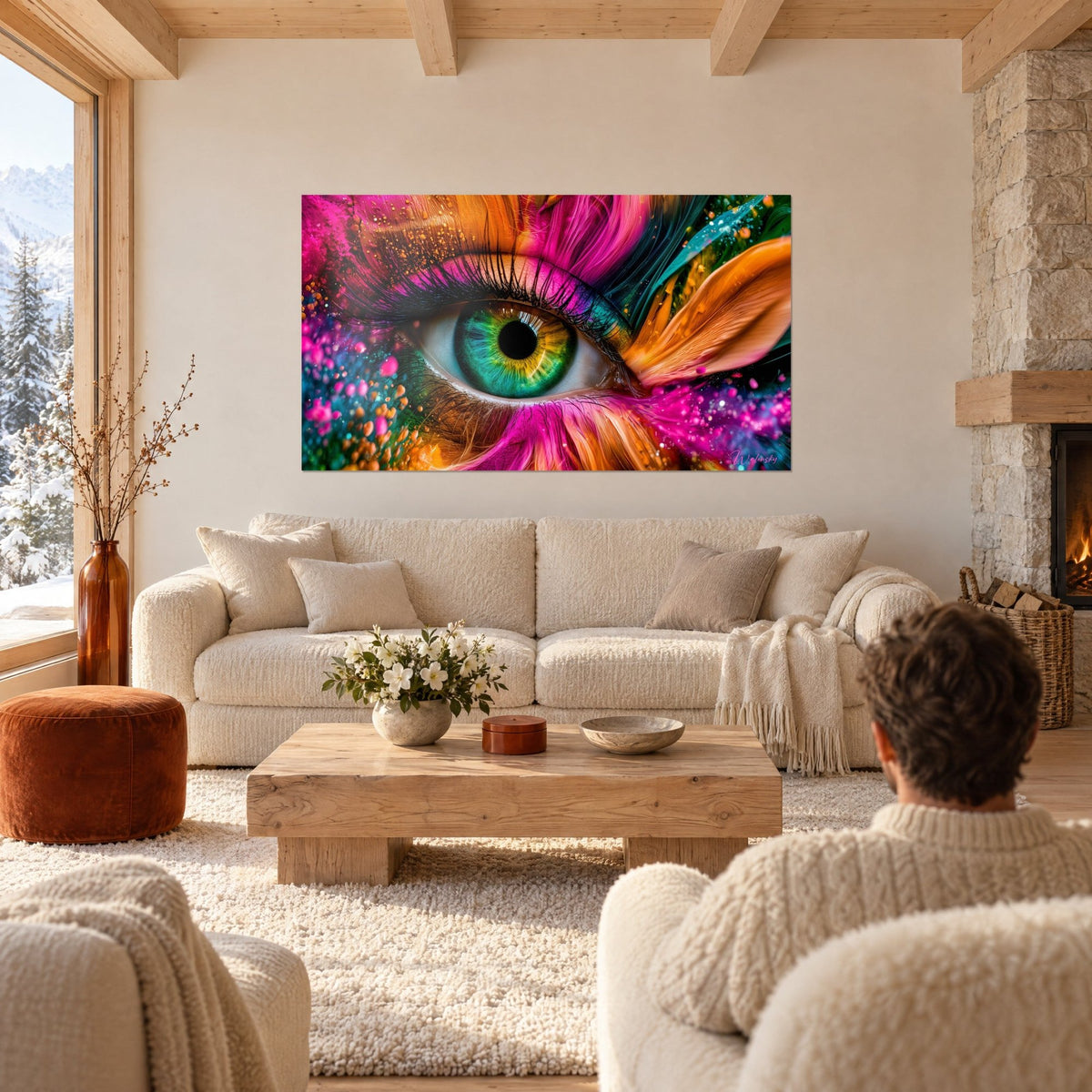 Wall art Emerald eye framed by fuchsia and orange feathers, viewed from behind by a person above a sofa in a bright living room