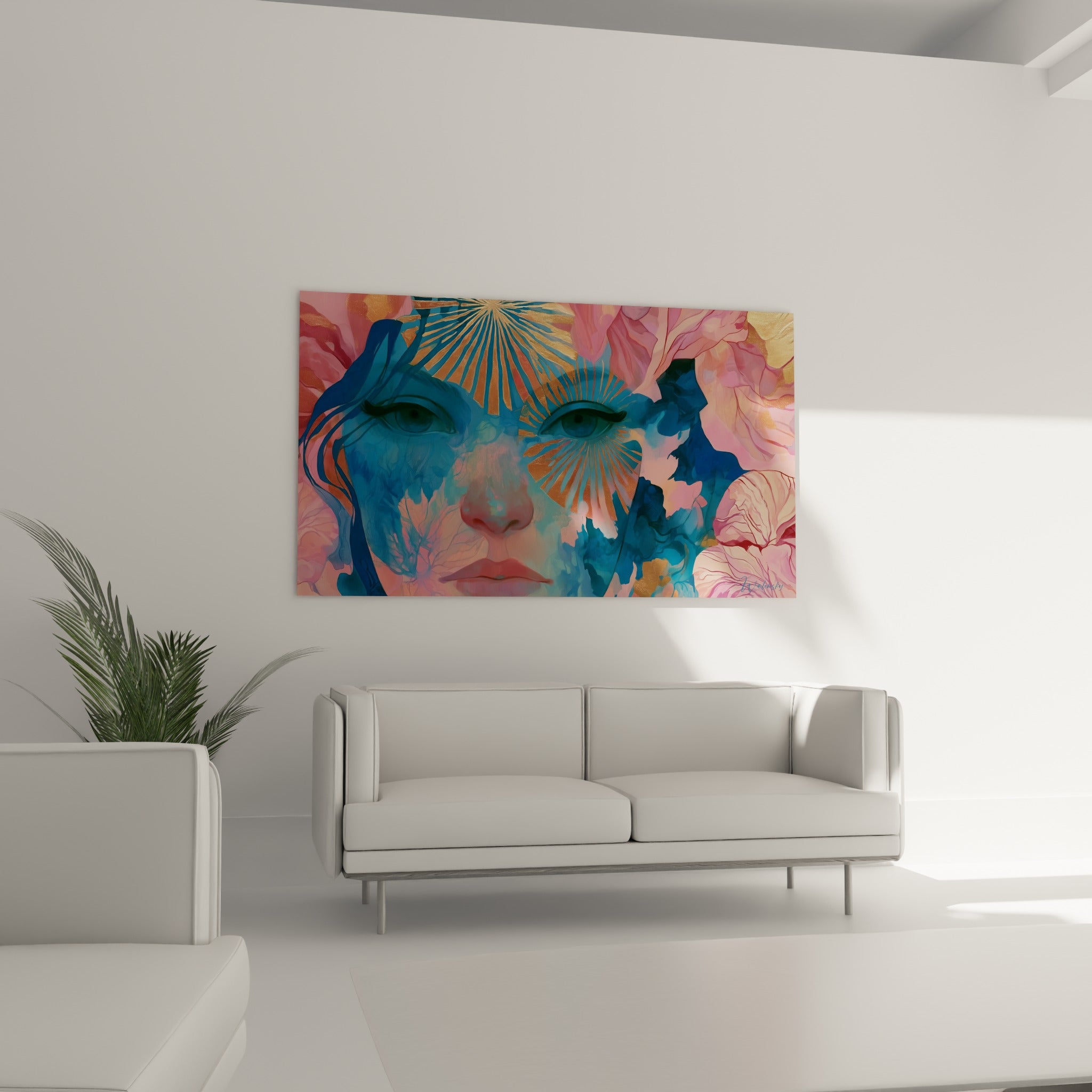 Regard doré et bleu pétrole émergeant d'un voile rose poudré, suspendu au-dessus d'un canapé dans un salon lumineux