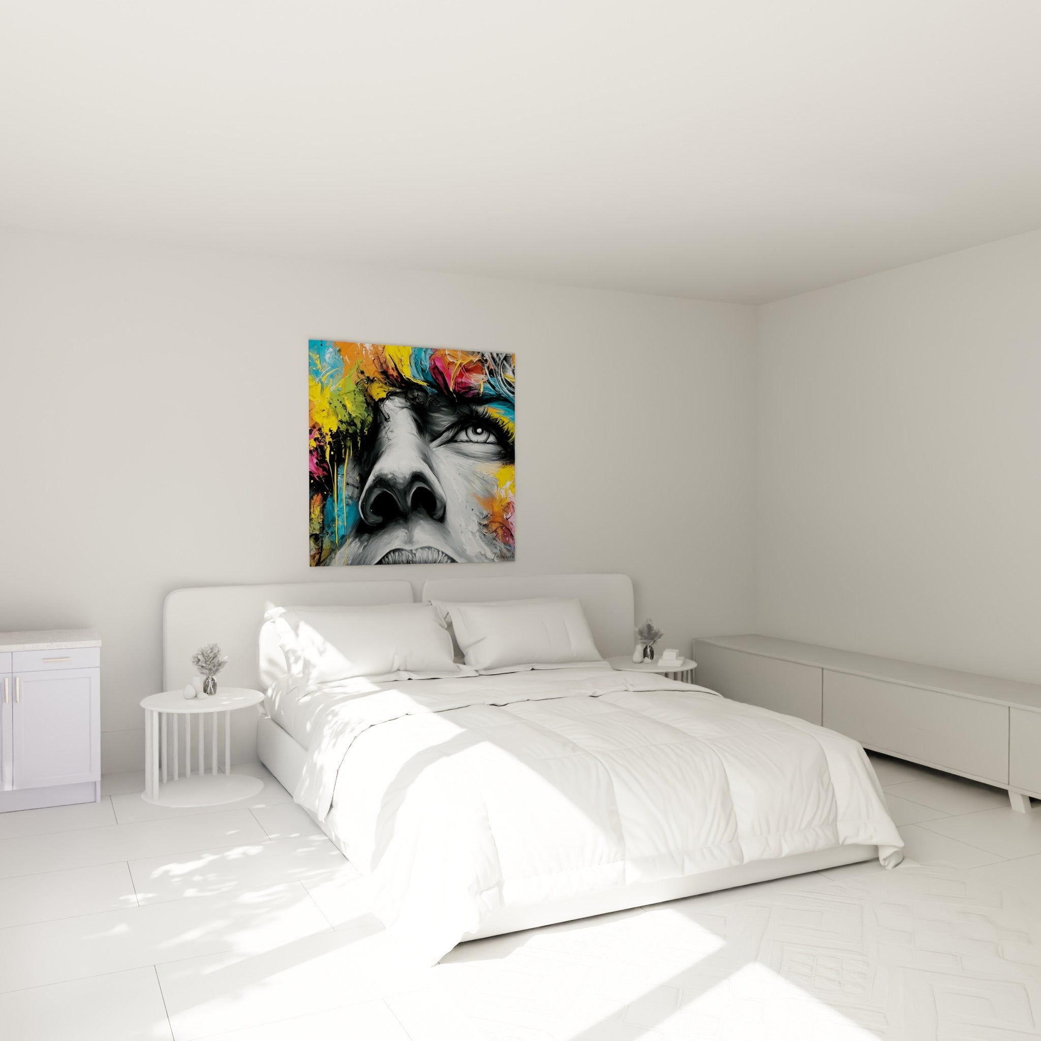 Regard intense d'un visage abstrait gris entouré de touches rose et orangée, au-dessus d'un lit dans une chambre claire
