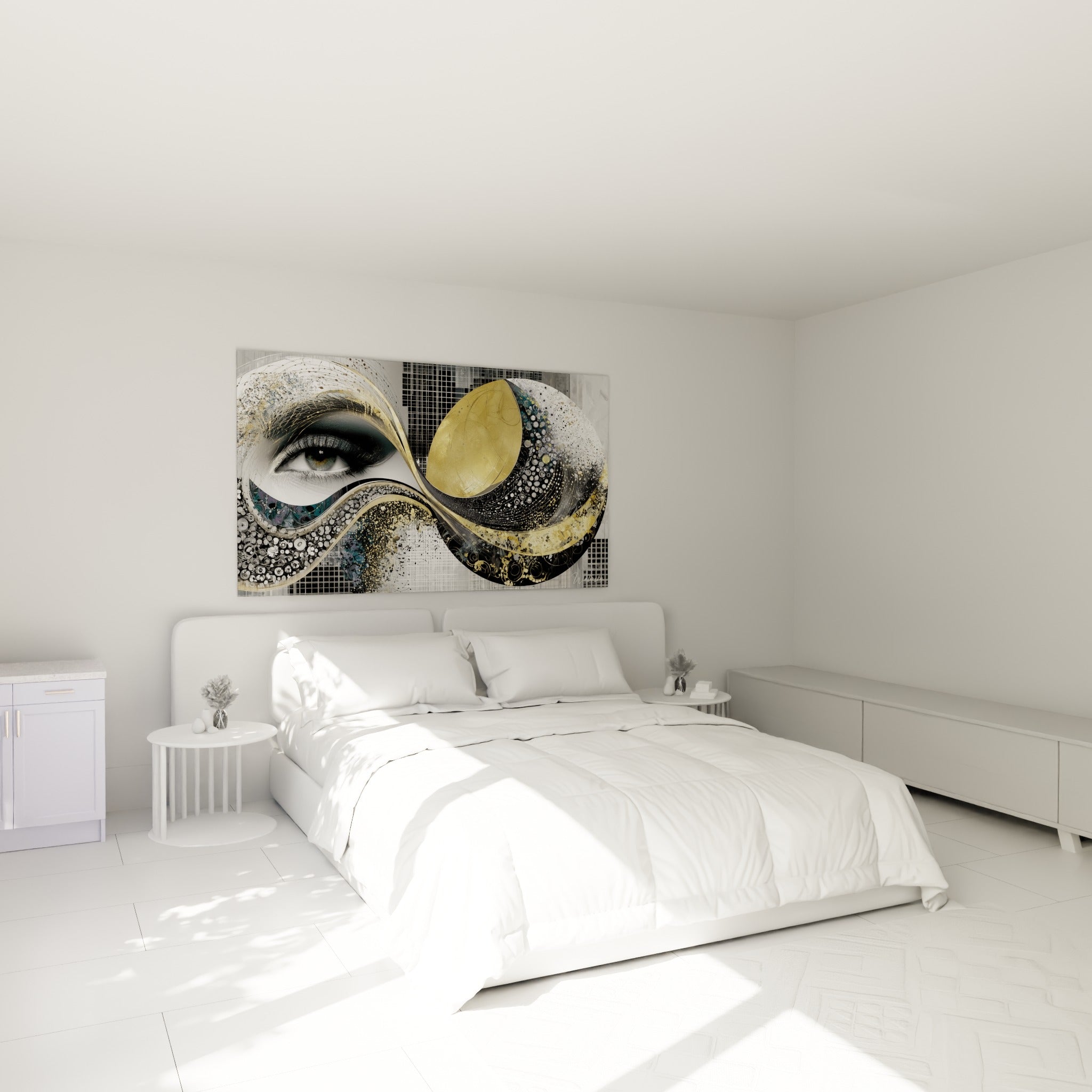 Spirales dorées et noires enlaçant un œil réaliste, tableau visage abstrait au-dessus d'un lit dans une chambre claire