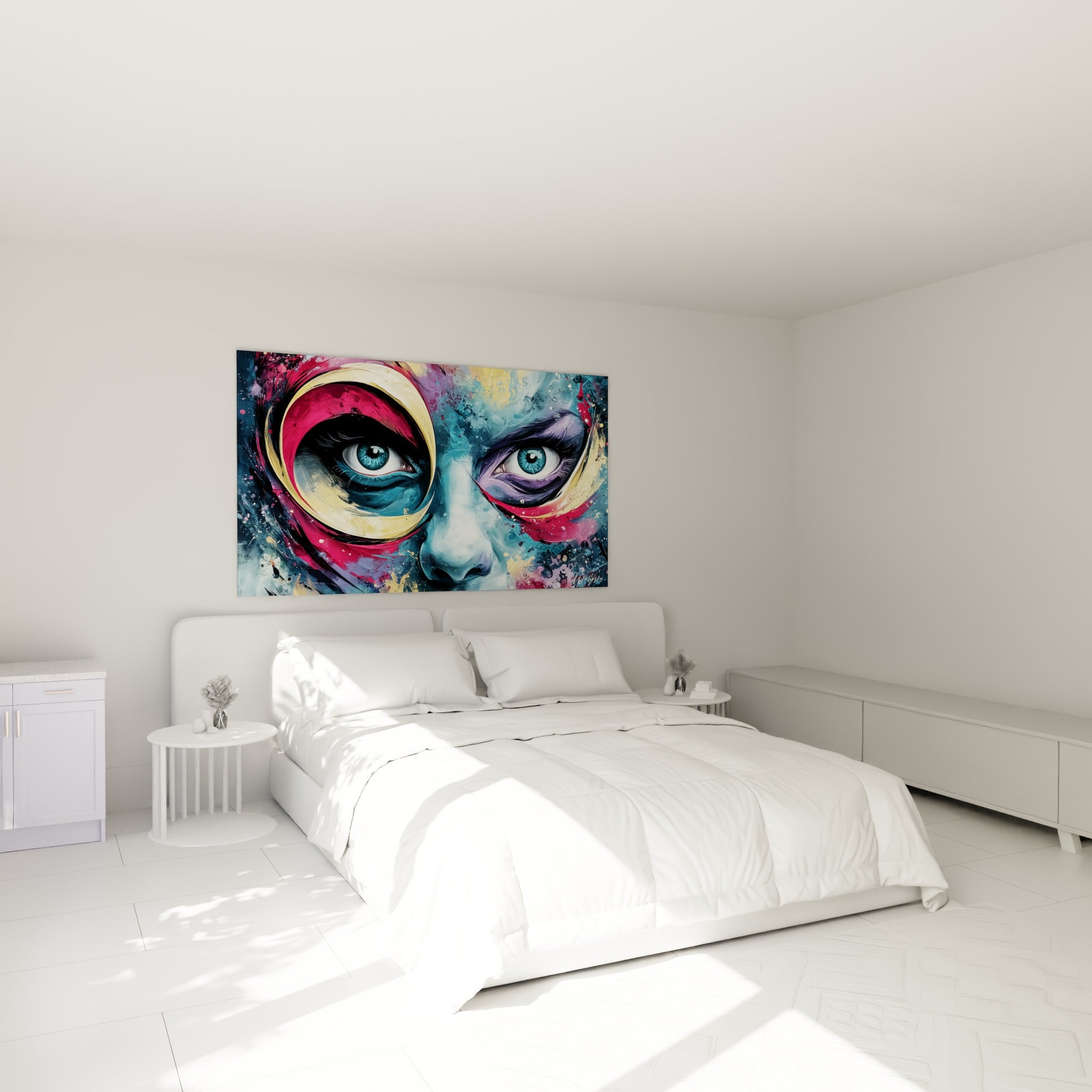 Regard bleu intense d'un visage abstrait doré et violet, accroché au-dessus d'un lit dans une chambre claire