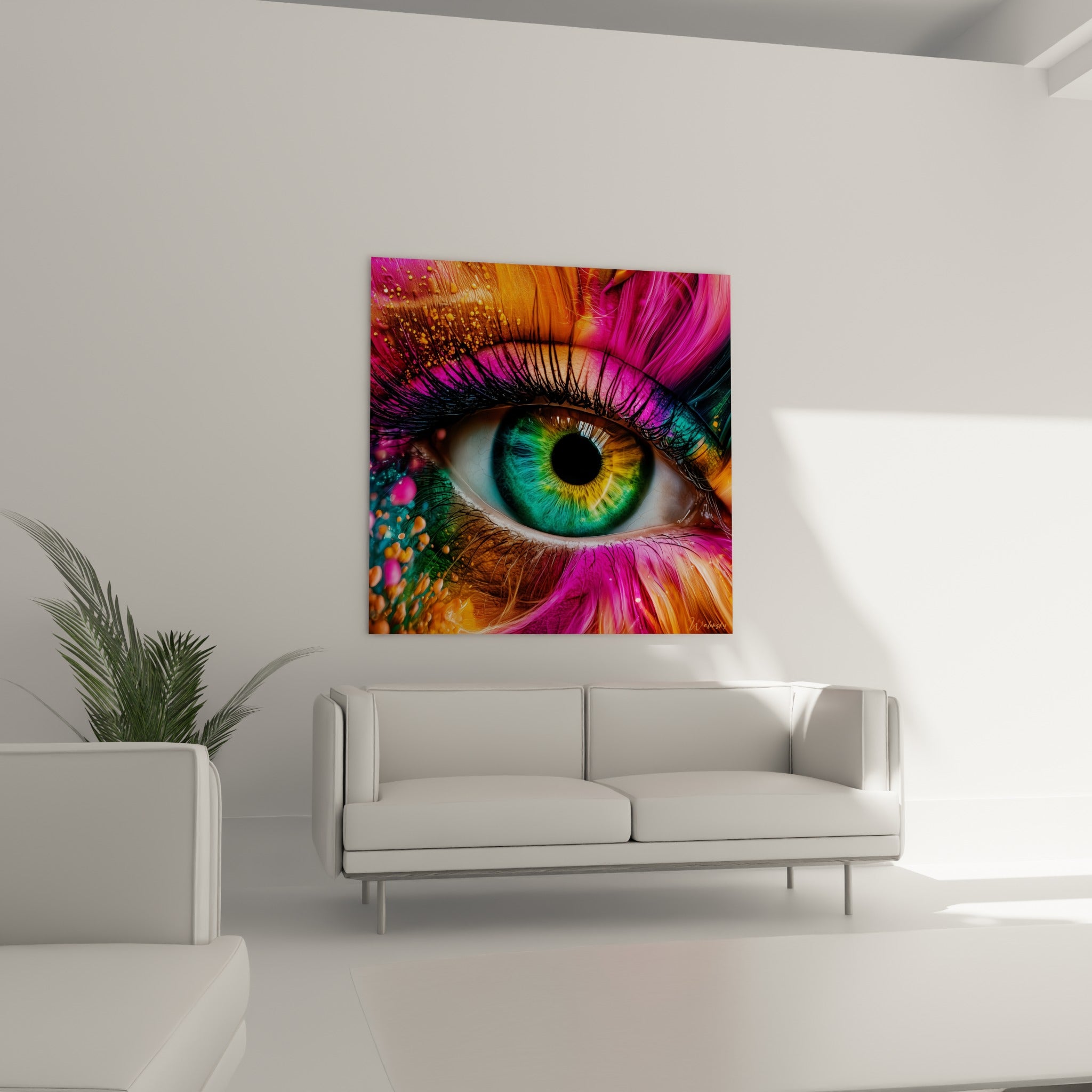Regard fuchsia et turquoise du visage abstrait suspendu au-dessus d'un canapé dans un salon lumineux