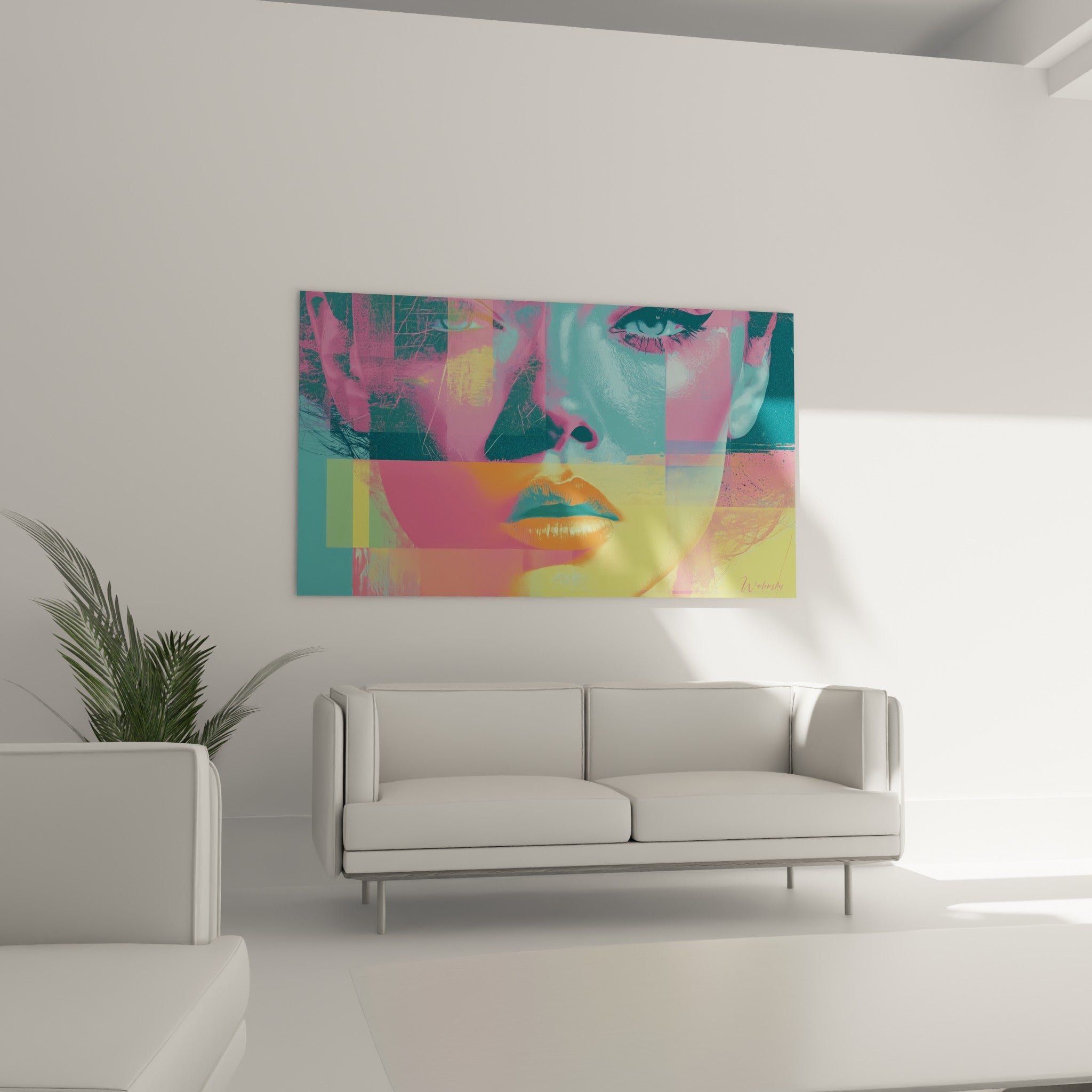 Visage graphique aux teintes corail et bleu pastel, regard intense, au-dessus d'un canapé dans un salon lumineux