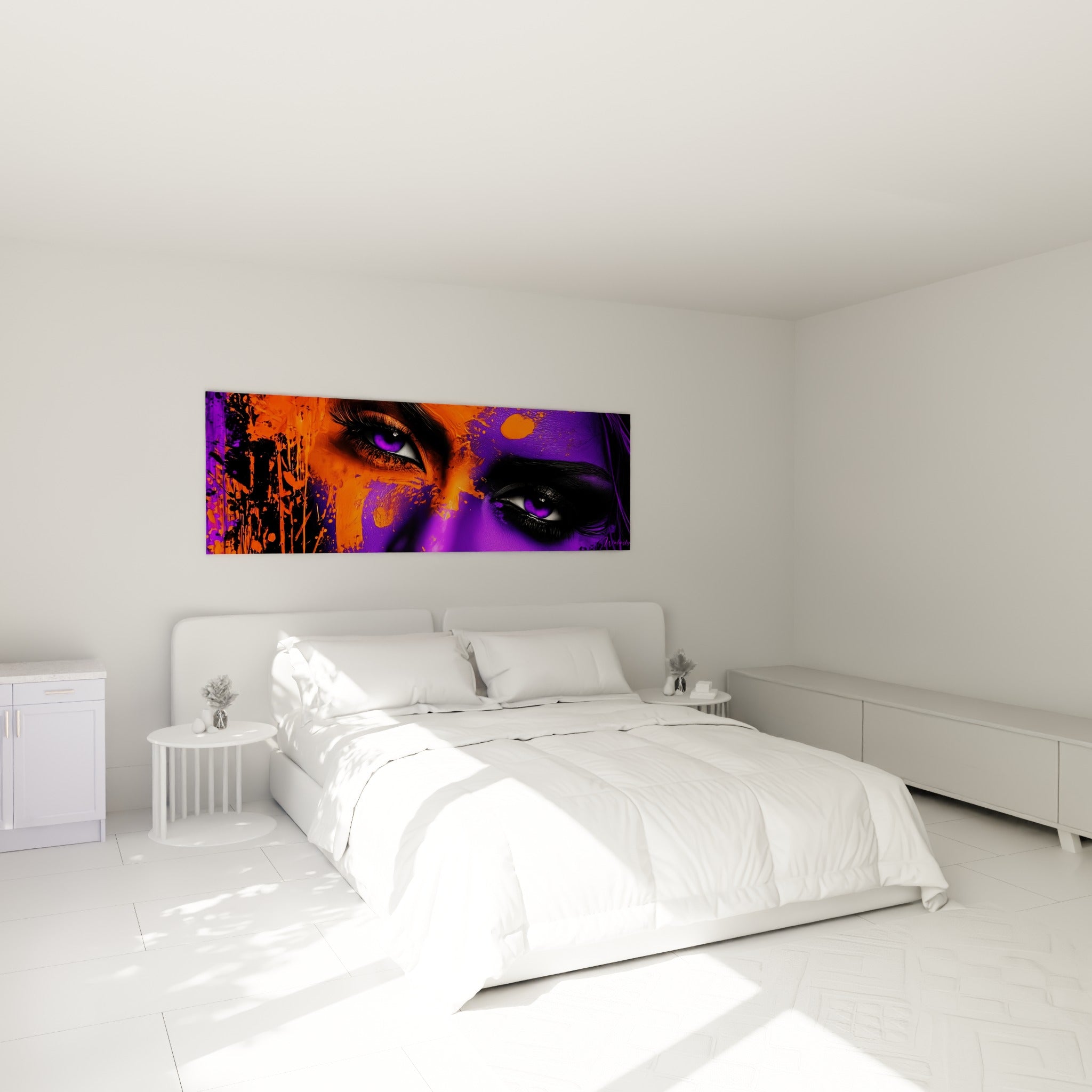 Portrait Visage abstrait violet et orange, accroché au-dessus d'un lit dans une chambre claire.