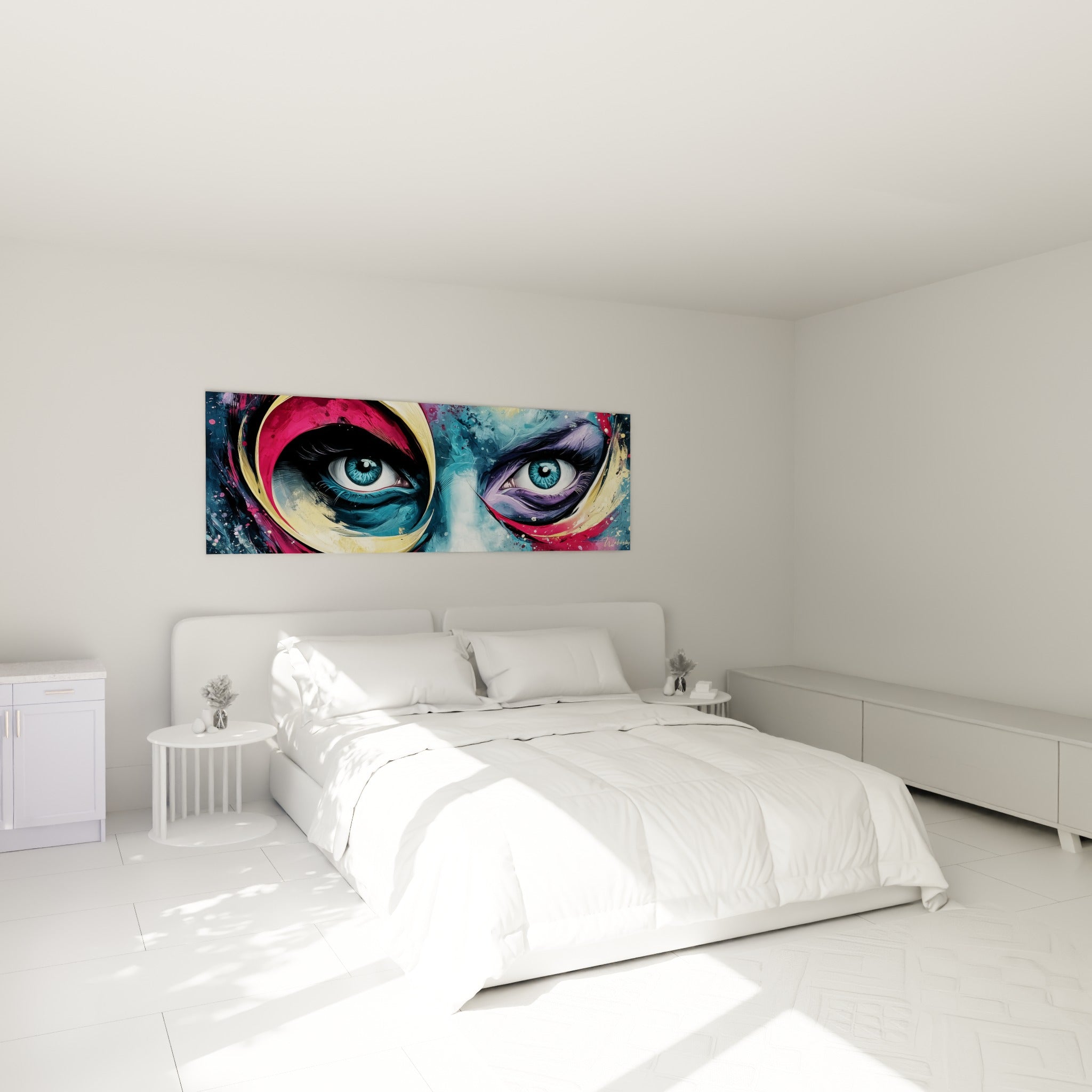 Deux yeux bleus intenses du visage abstrait, touches violettes, au-dessus d'un lit dans une chambre claire