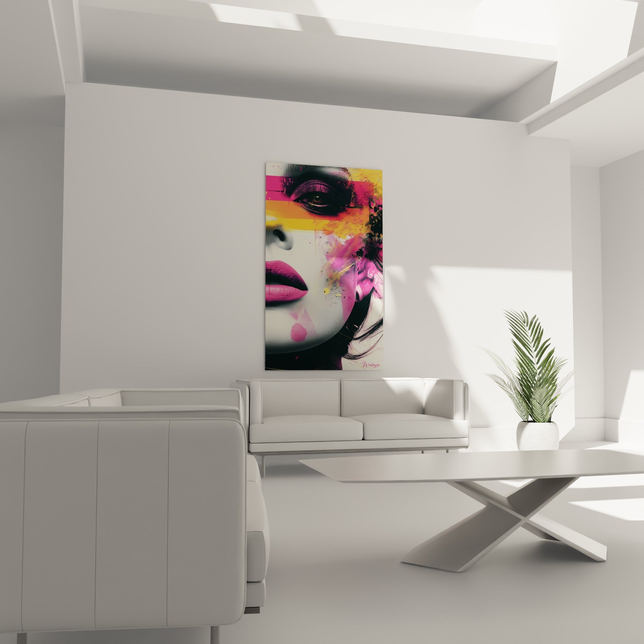 Regard voilé de jaune safran et lèvres rose vif, au-dessus d'un canapé dans un salon lumineux