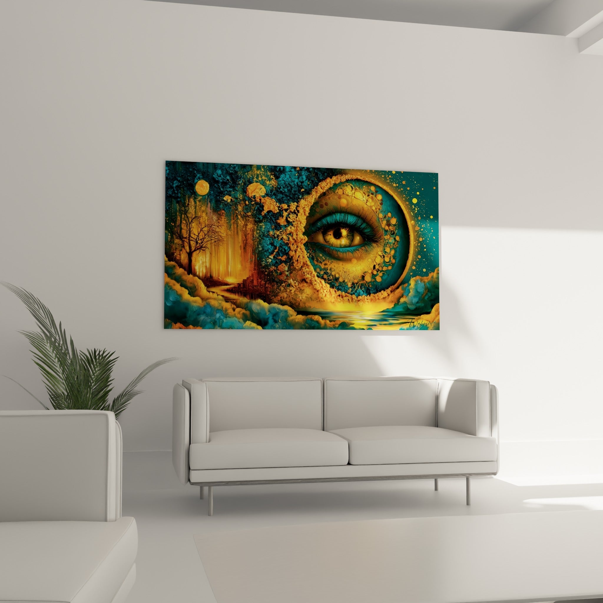 Regard doré entouré de nuages turquoise sculptés, suspendu au-dessus d'un canapé dans un salon lumineux