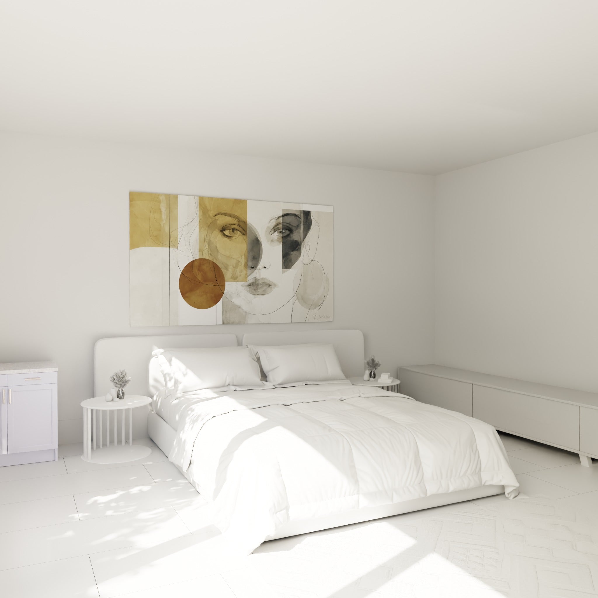 Deux regards superposés en ocre et gris se dévoilent au-dessus d'un lit dans une chambre claire