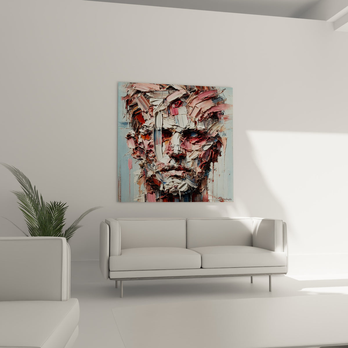 Traits sculptés en matière épaisse rose et bleu pastel, au-dessus d'un canapé dans un salon lumineux