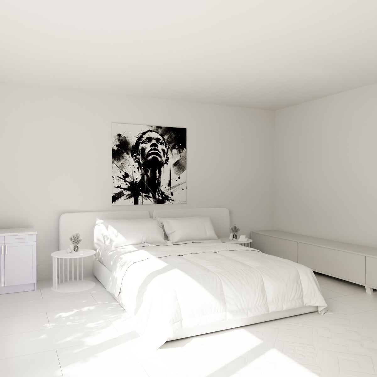 Portrait abstrait noir et blanc au visage tourné vers le ciel, accroché au-dessus d'un lit dans une chambre claire