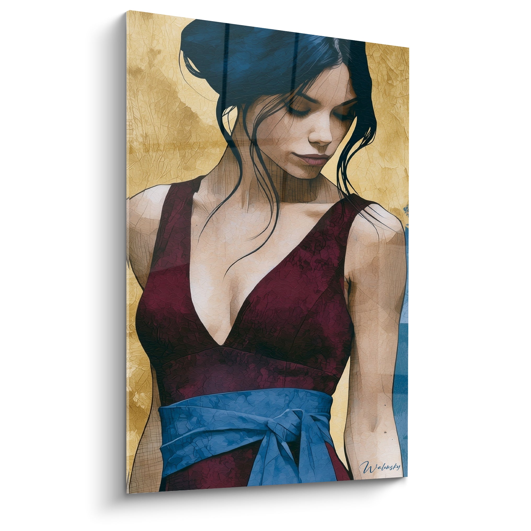 Visage abstrait d'une femme en robe bordeaux, ceinture bleue et fond ocre doré texturé